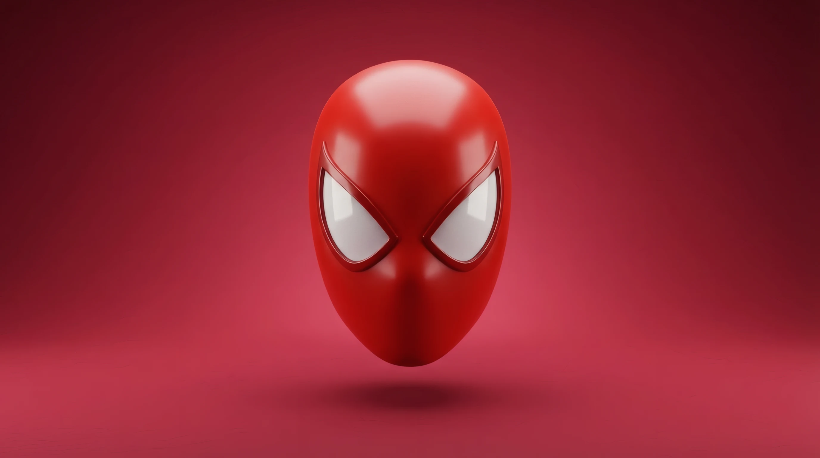 Glossy Spiderman Mask Floating on Crimson Backdrop