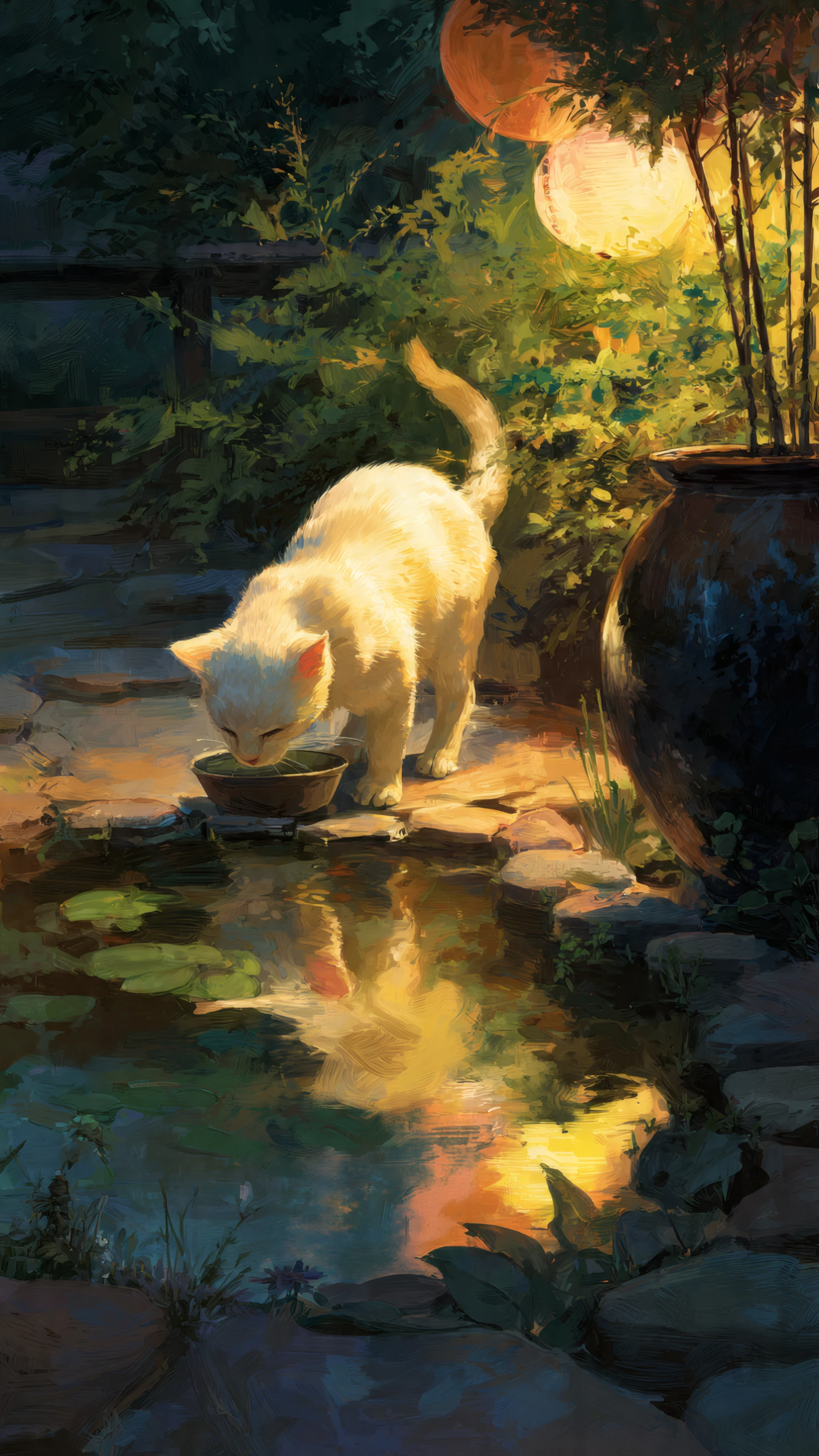 Glowing Cat Sipping Water by Lily Pond at Dusk