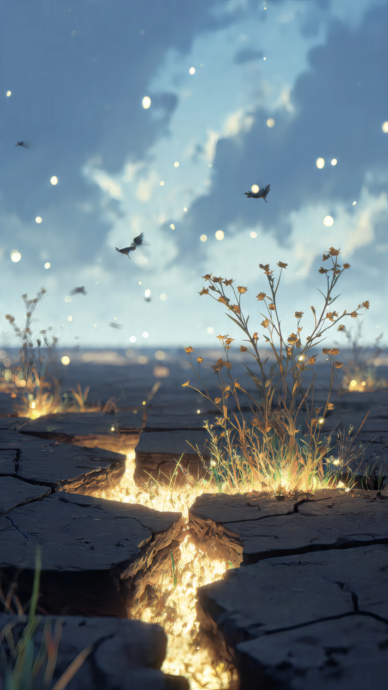 Glowing Cracks in Earth with Wildflowers at Dusk