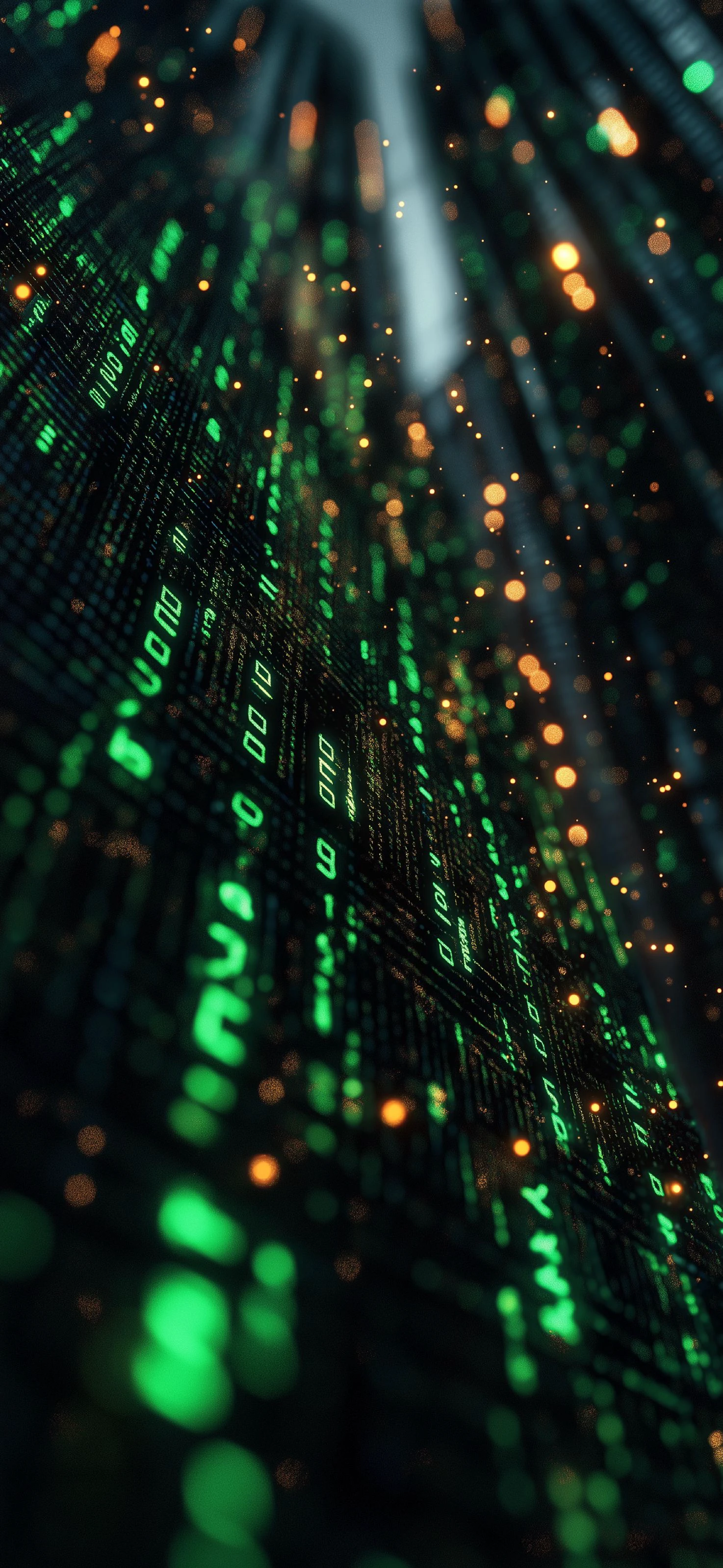 Glowing Green Binary Code Cascading Through Digital Space Abstract wallpaper 1474x3195