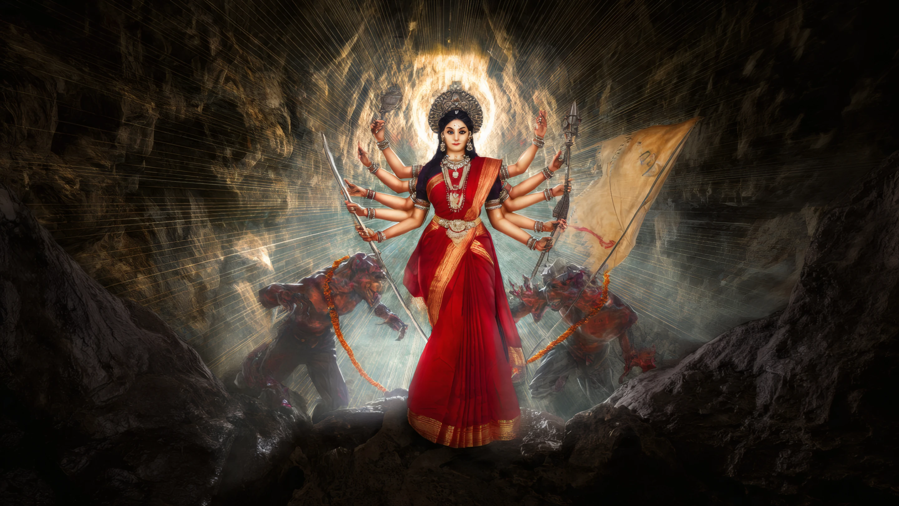 Goddess Durga in Red Saree with Weapons