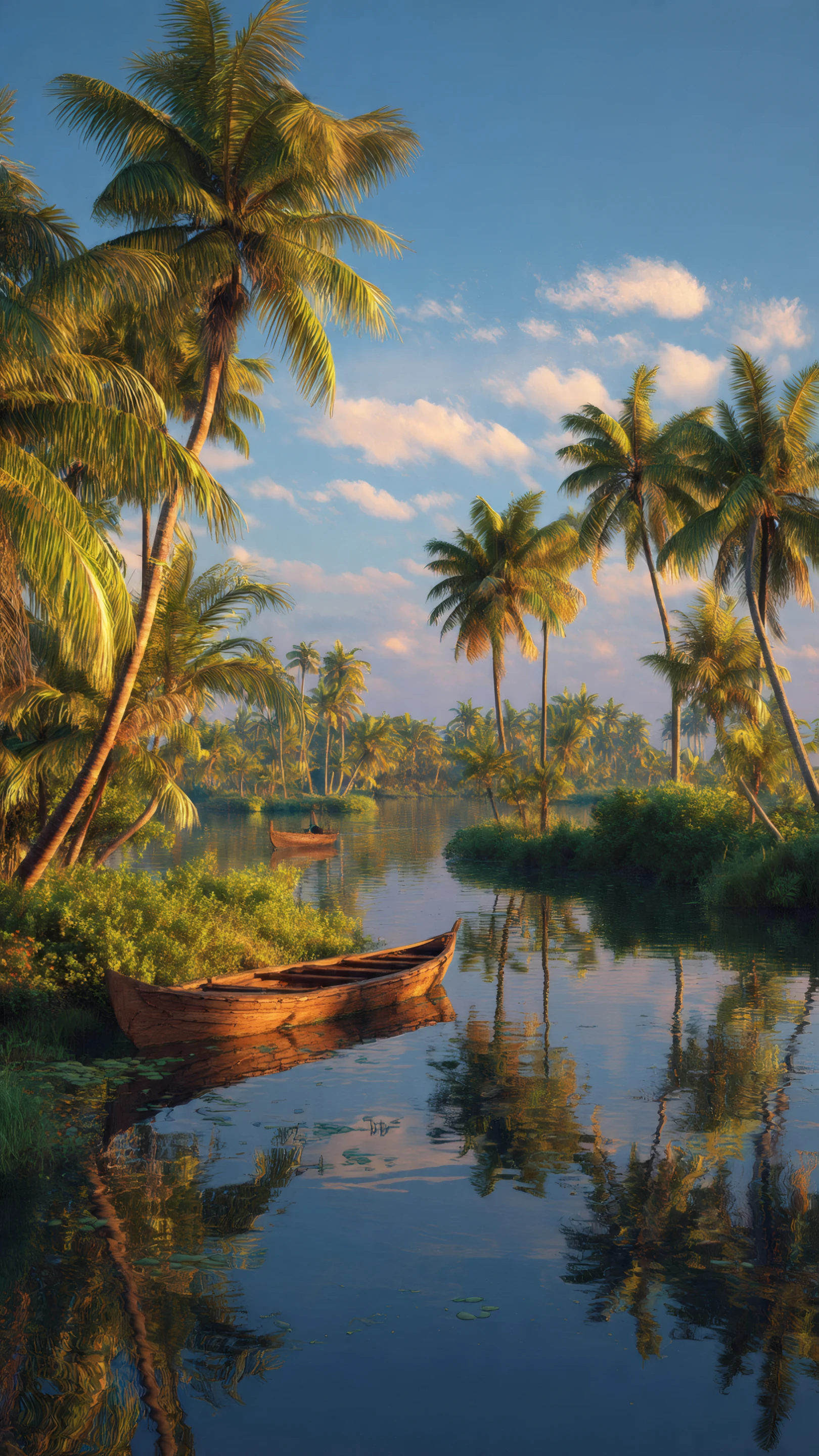 Golden Hour on Tropical River with Wooden Boats