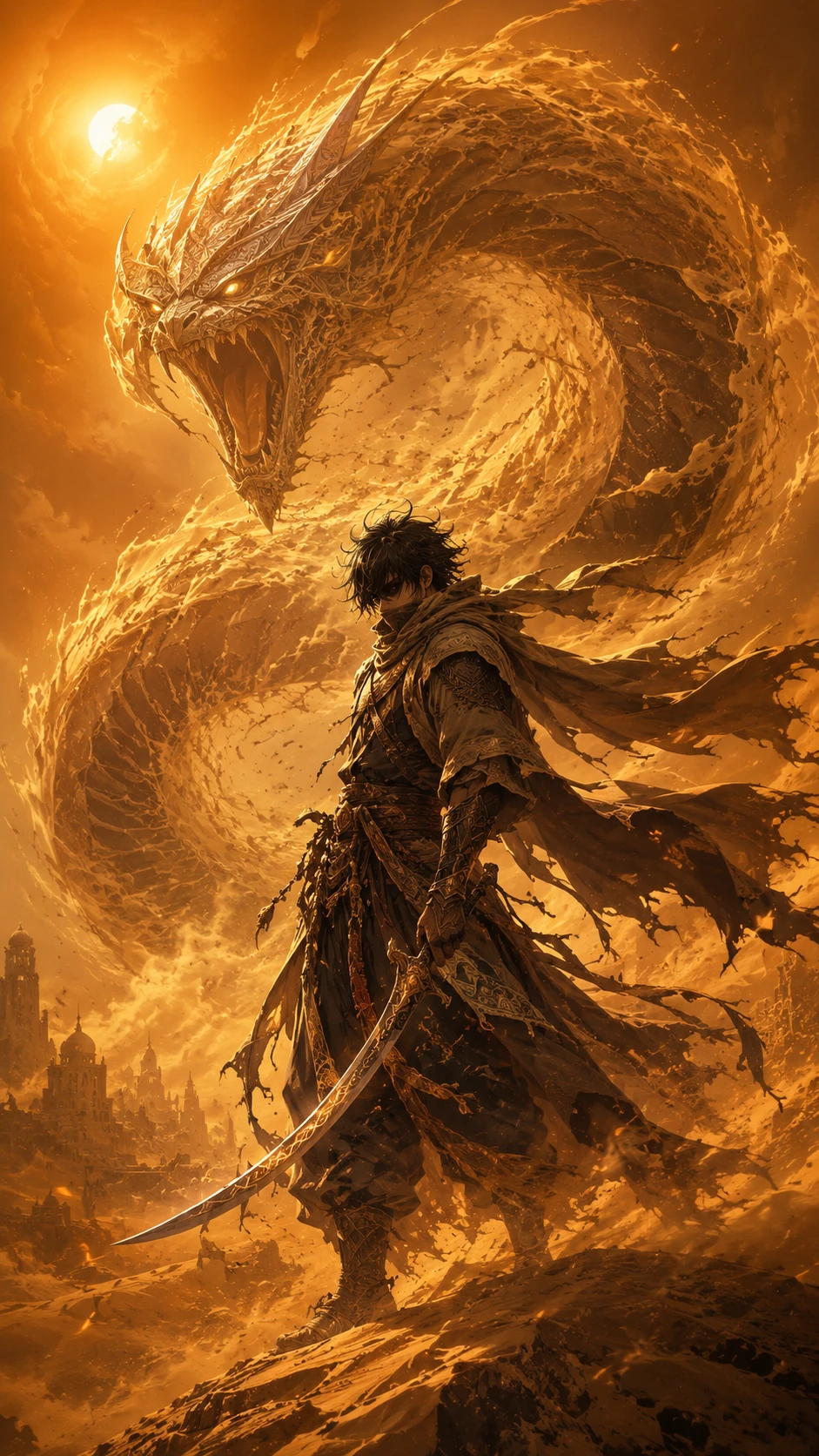 Golden Sand Dragon Confronts Anime Swordsman wallpaper 941x1672