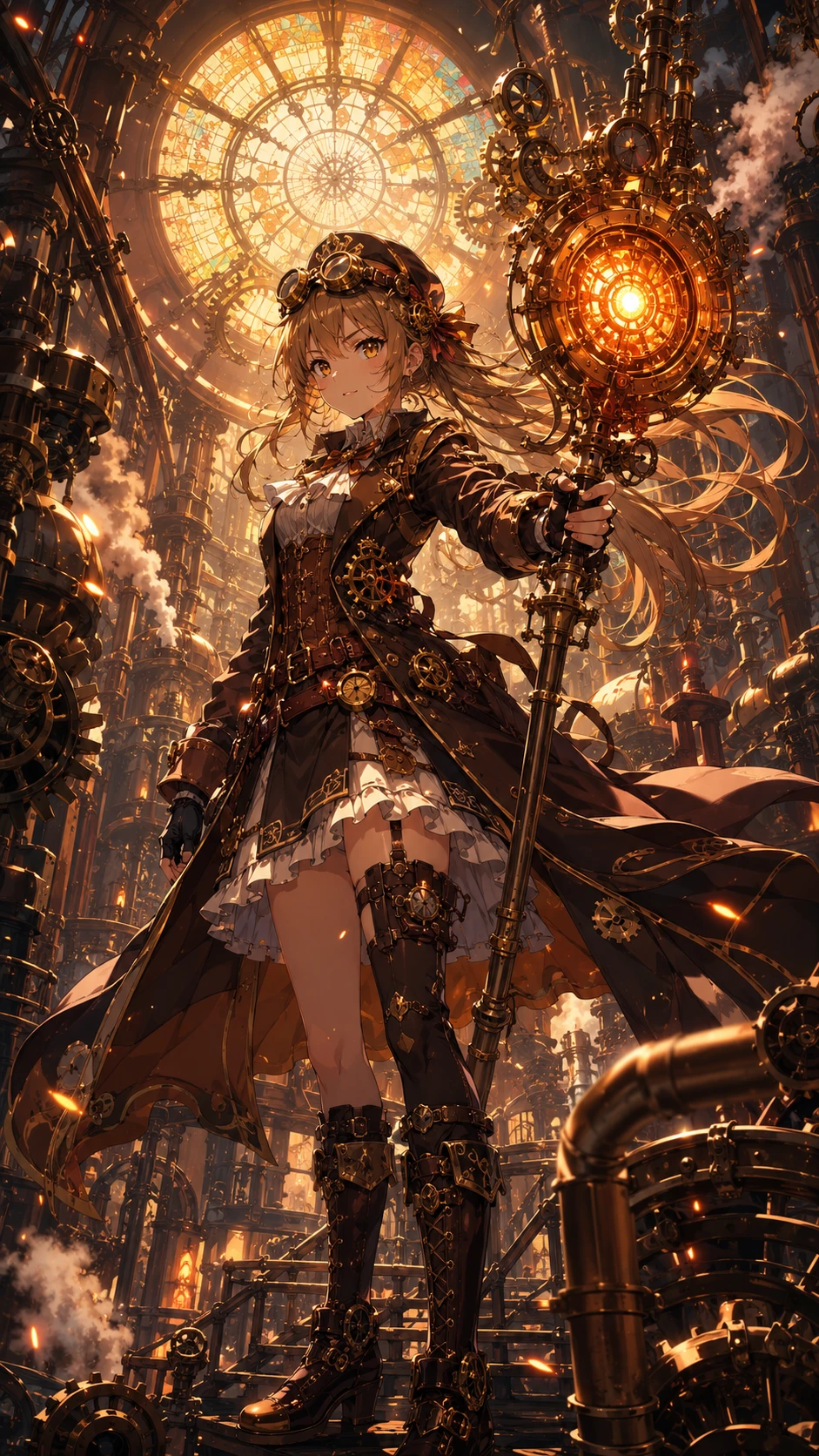 Golden Steampunk Girl with Ornate Clockwork Staff Art wallpaper 941x1672