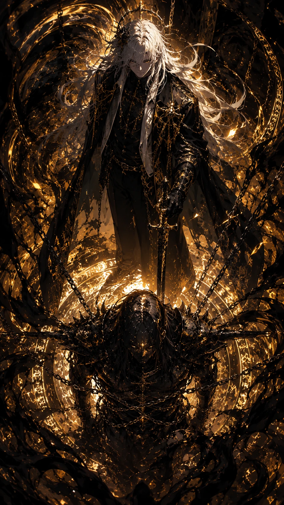 Golden Warrior with Chains and Sword Anime wallpaper 941x1672