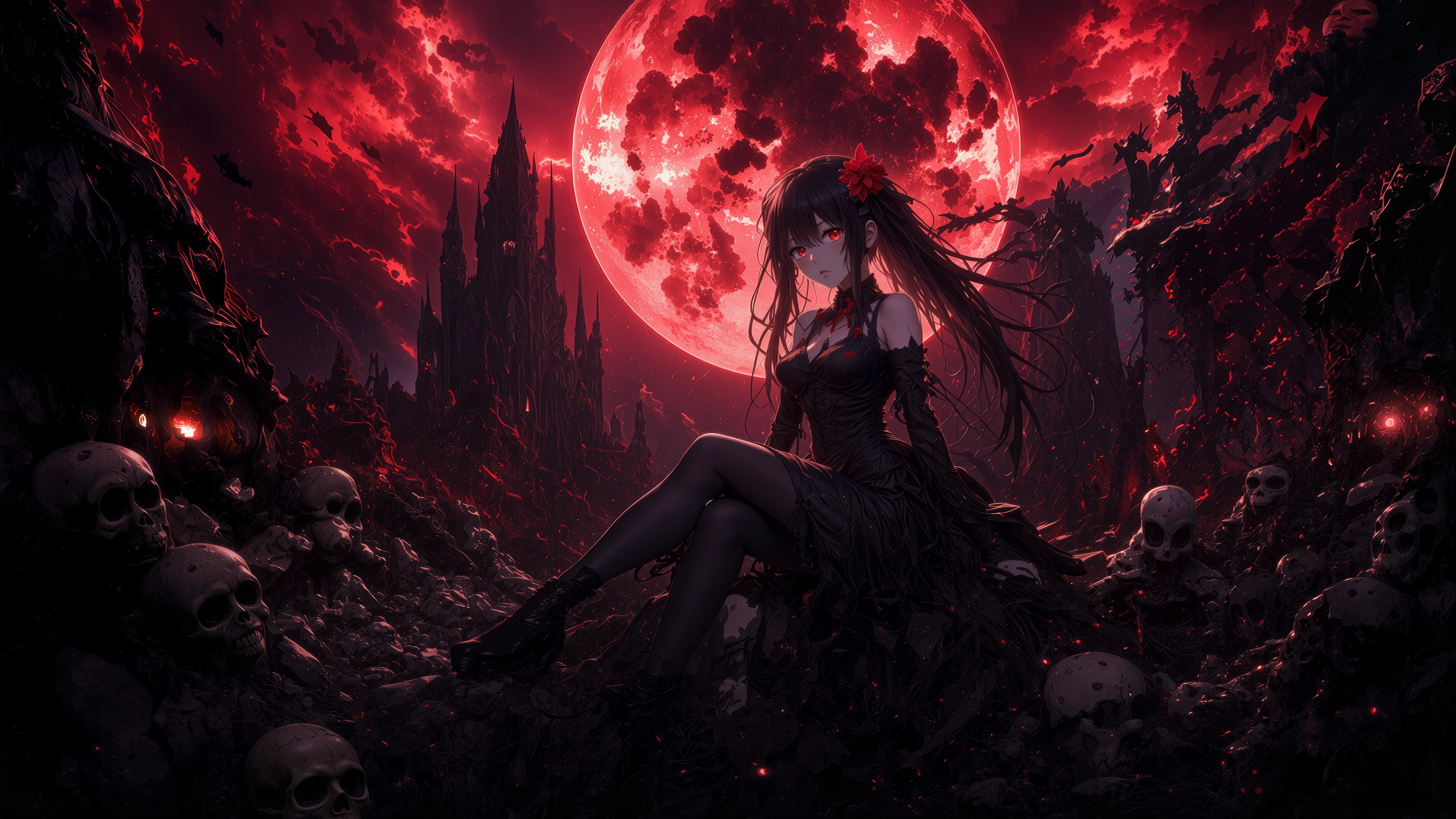 Gothic Anime Princess Under a Crimson Blood Moon wallpaper 6688x3764