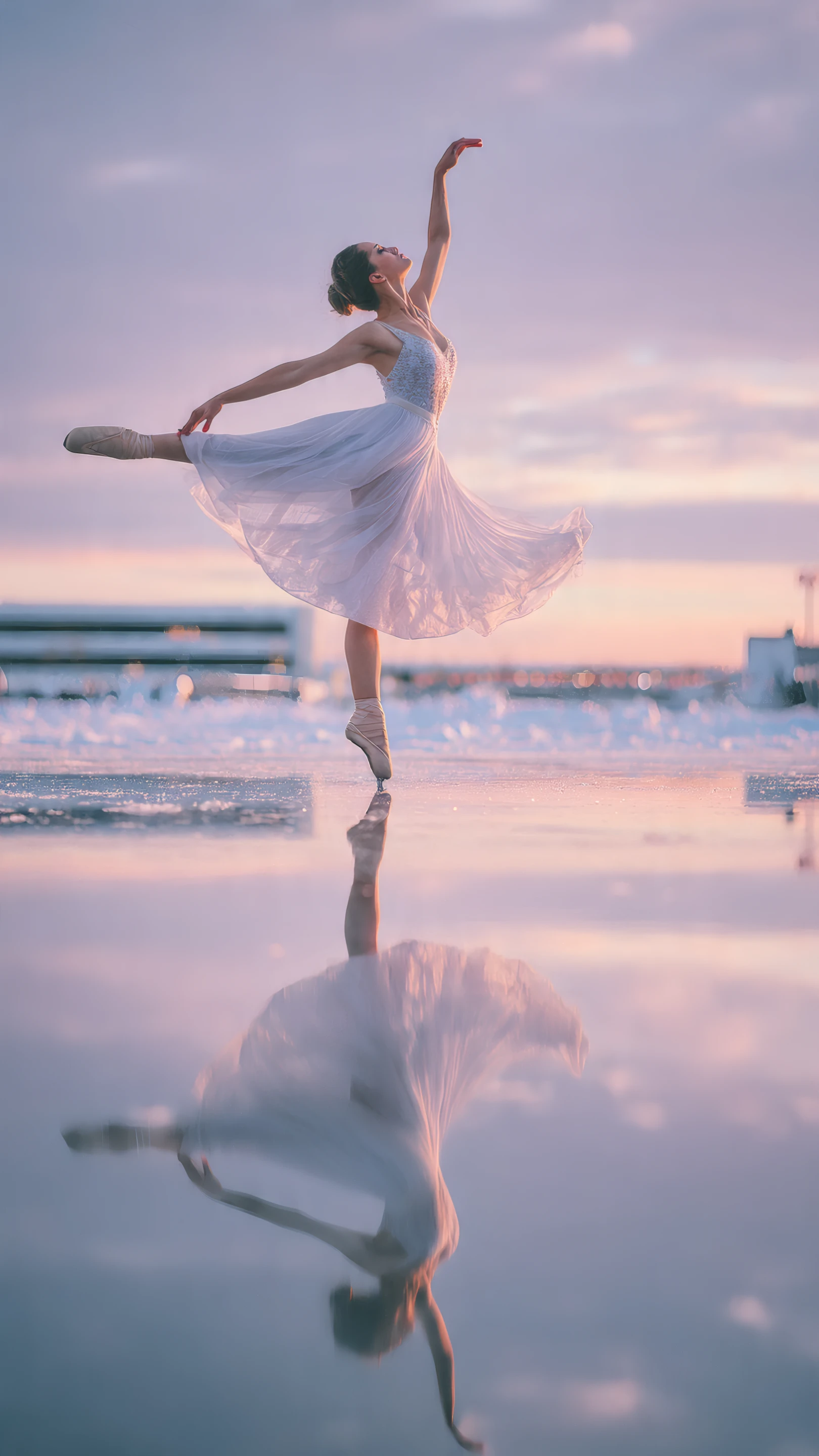 Graceful Ballerina Reflection on Frozen Lake at Sunset