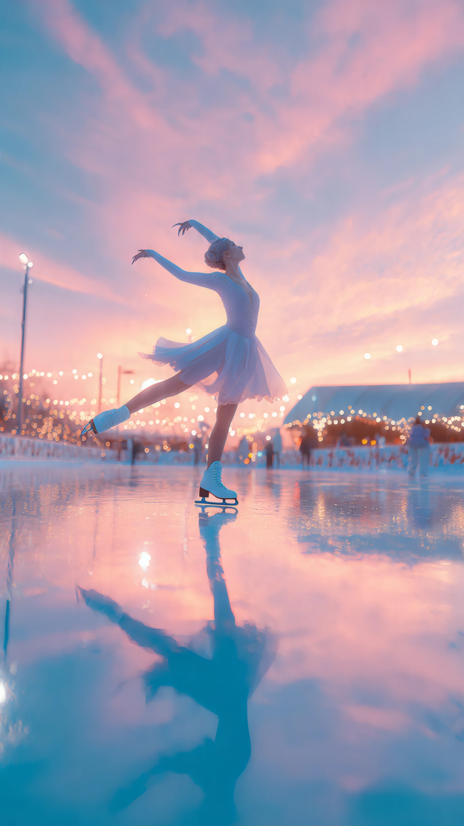 Graceful Ice Skater Silhouette Against Pastel Sky