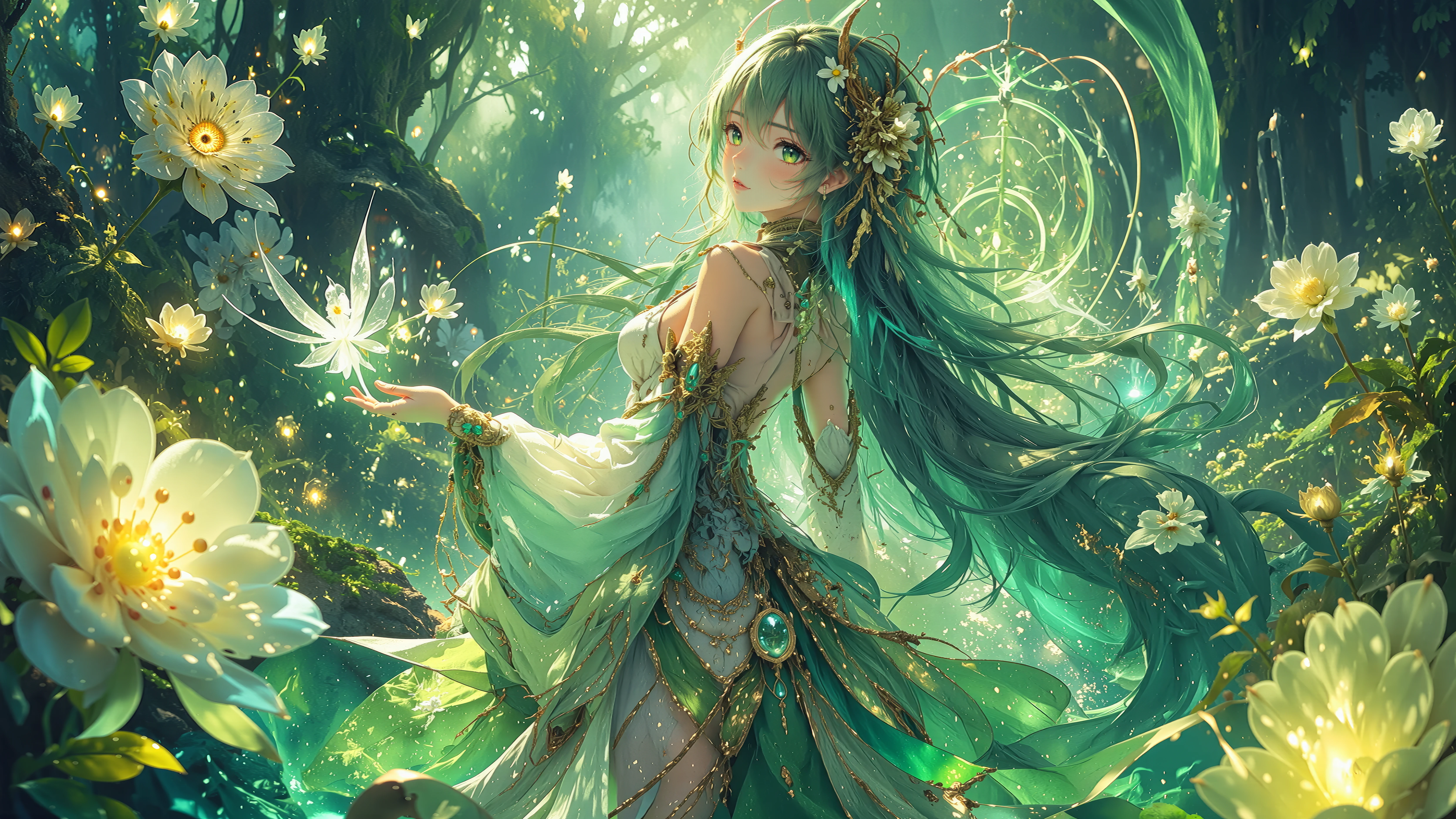Green Haired Forest Elf Princess in Glowing Flora Fantasy wallpaper 6688x3764