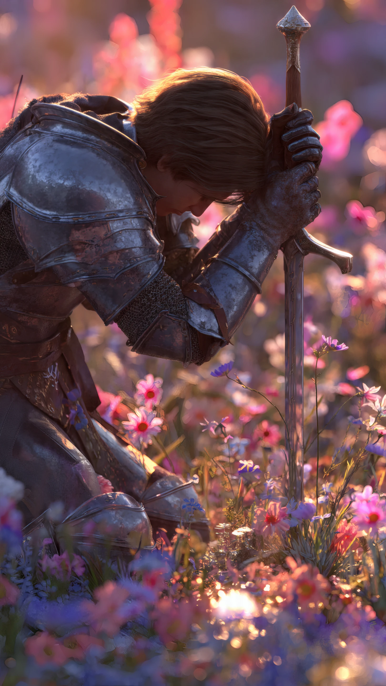 Grieving Knight in Armor Amidst Floral Meadow