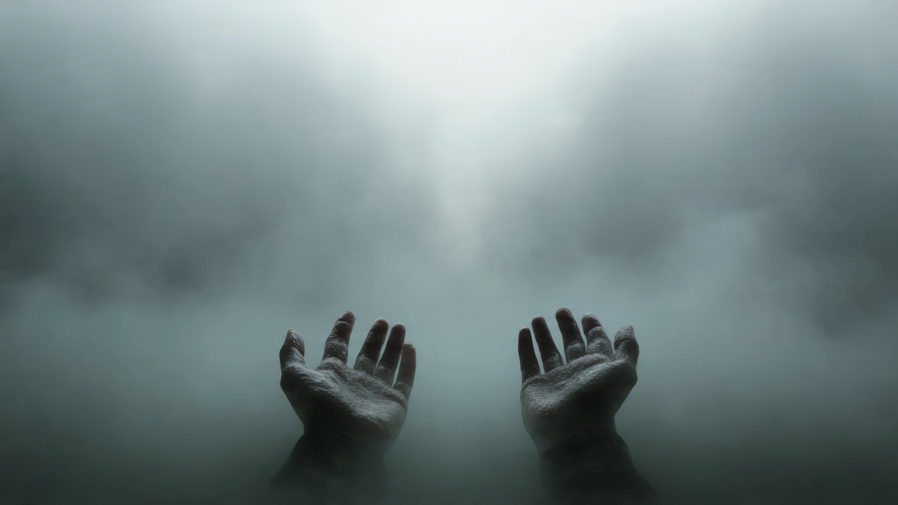 Hands Reaching up Through Dense Foggy Atmosphere