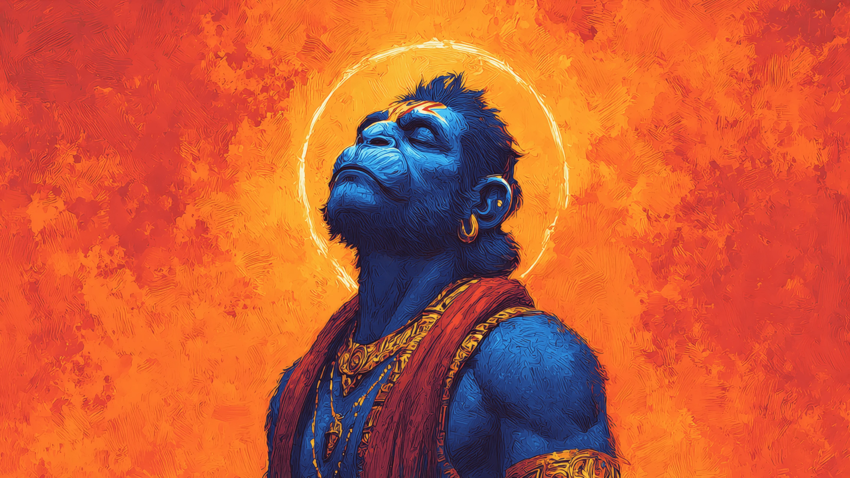 Hanuman Illustration in Blue and Gold on Orange Canvas