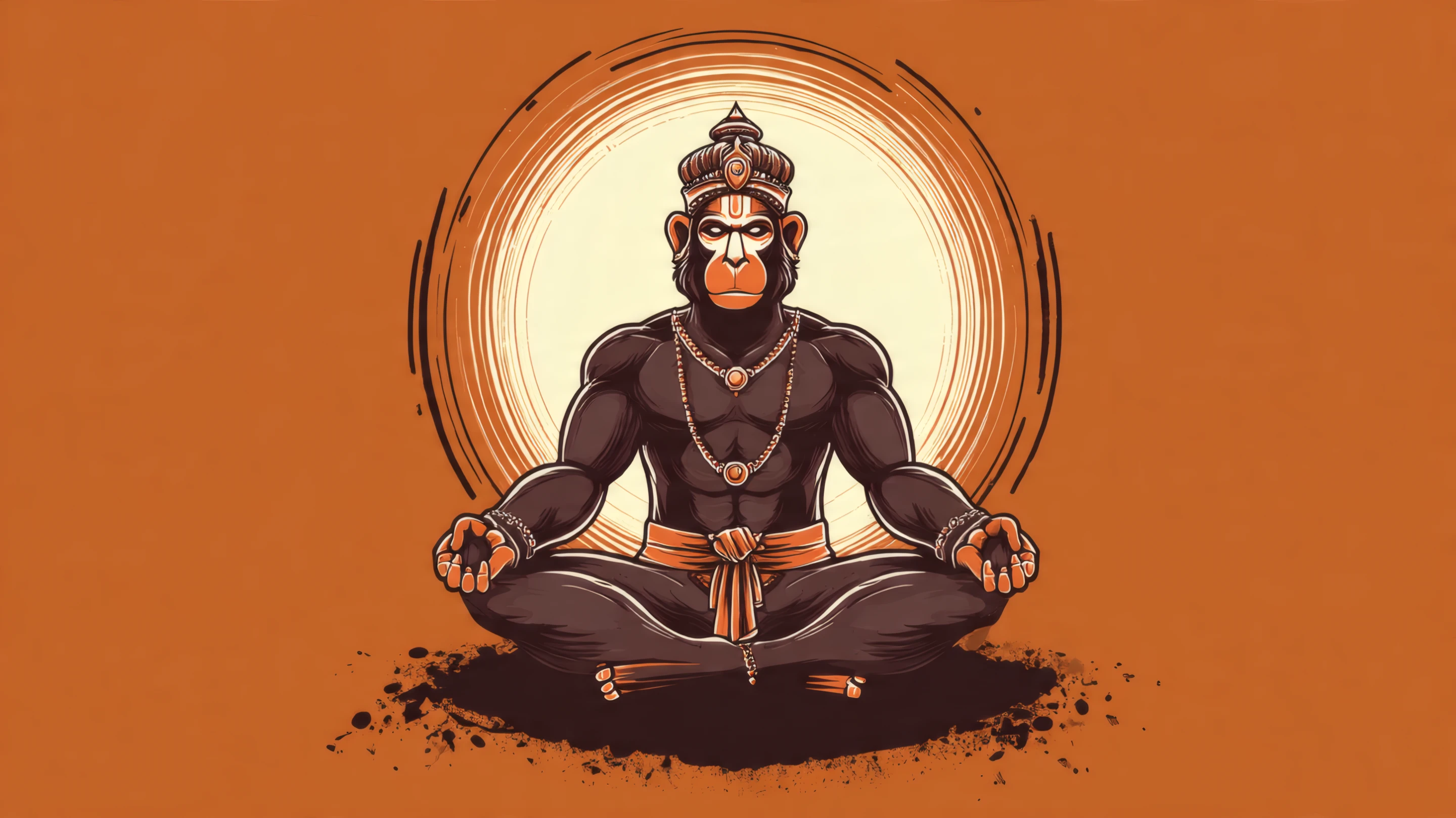 Hanuman Meditating Cartoon Style on Orange Background
