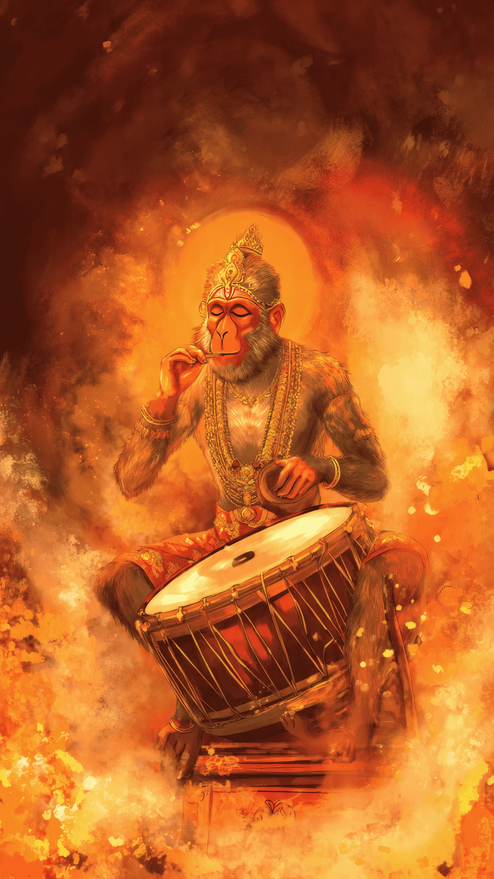 Hanuman Playing Drum in a Fiery Orange Scene Artwork