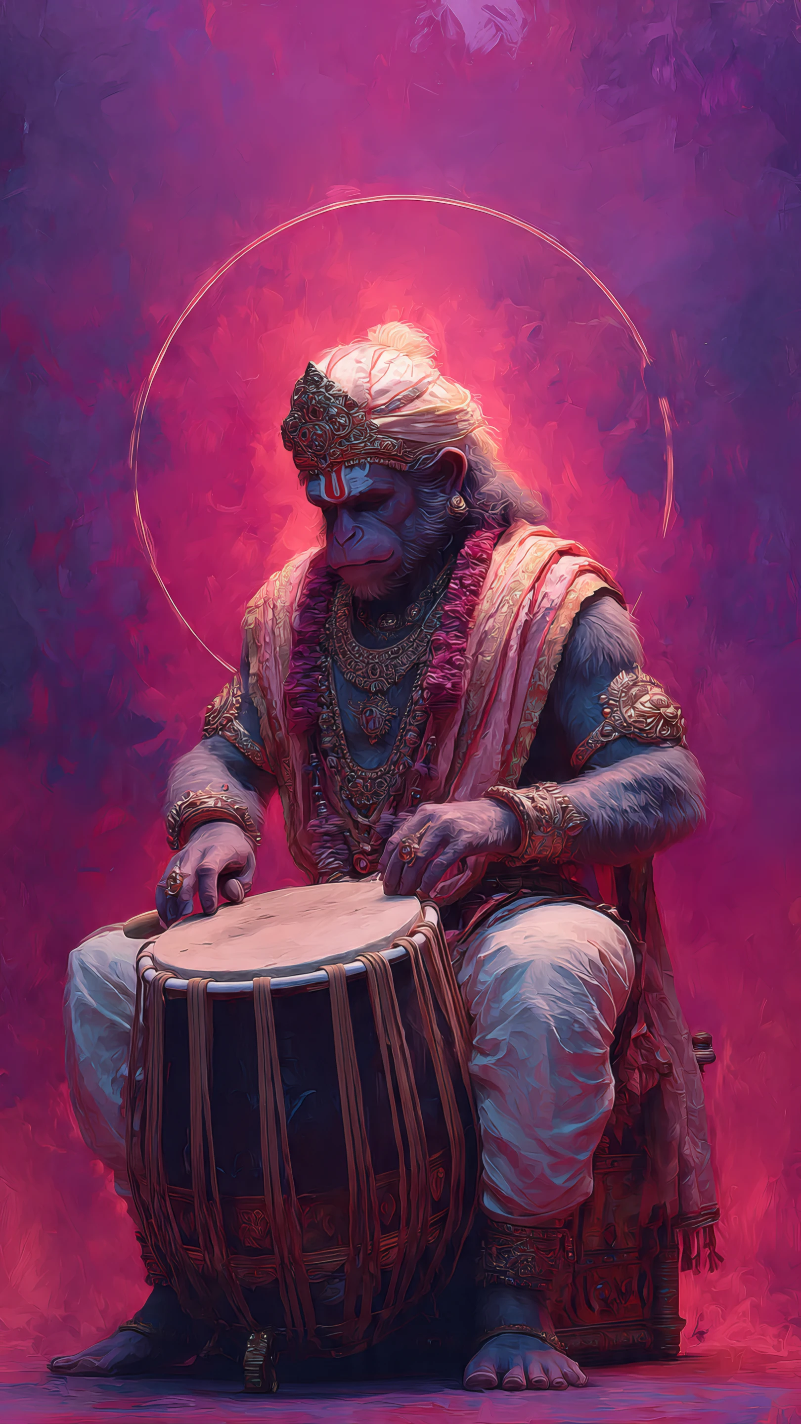 Hanuman Playing Tabla Drum with Devotional Pink Backdrop