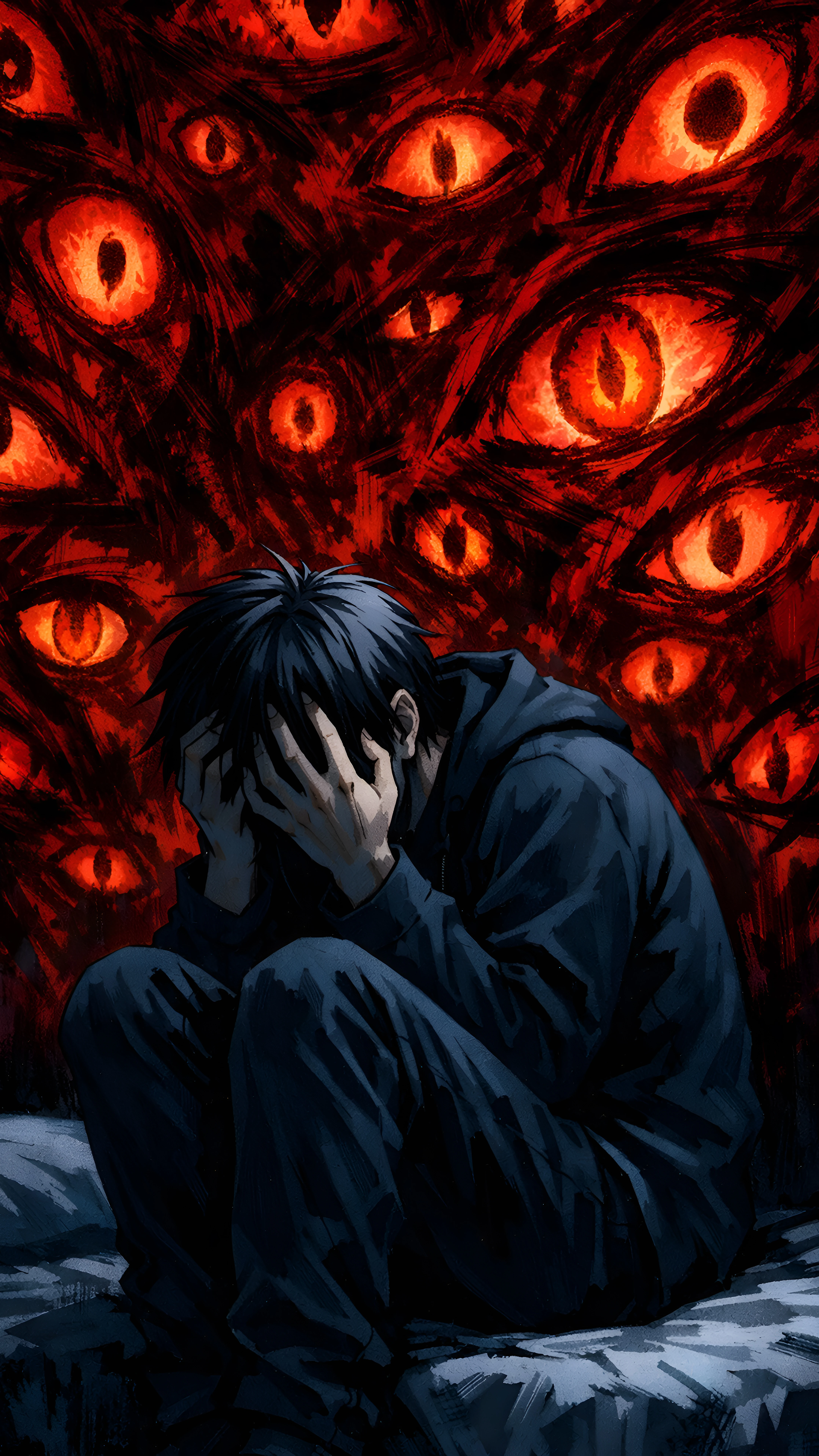 Haunted Man Tormented by Fiery Gaze Art