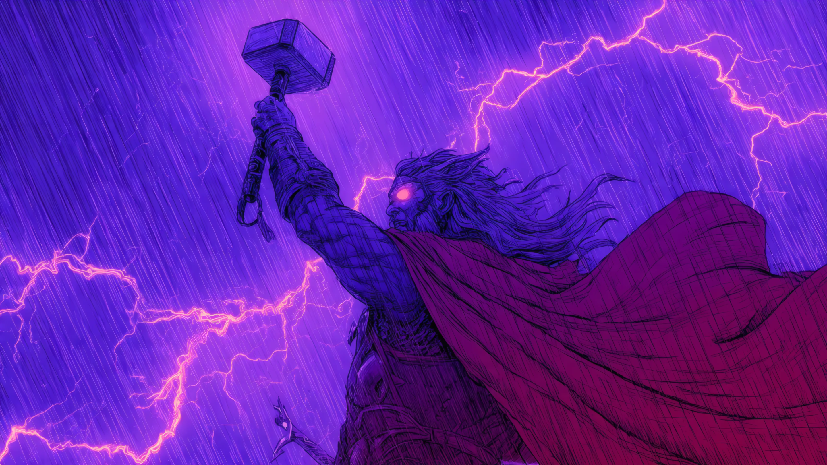 Heroic Figure Holding Hammer in Purple Lightning Storm