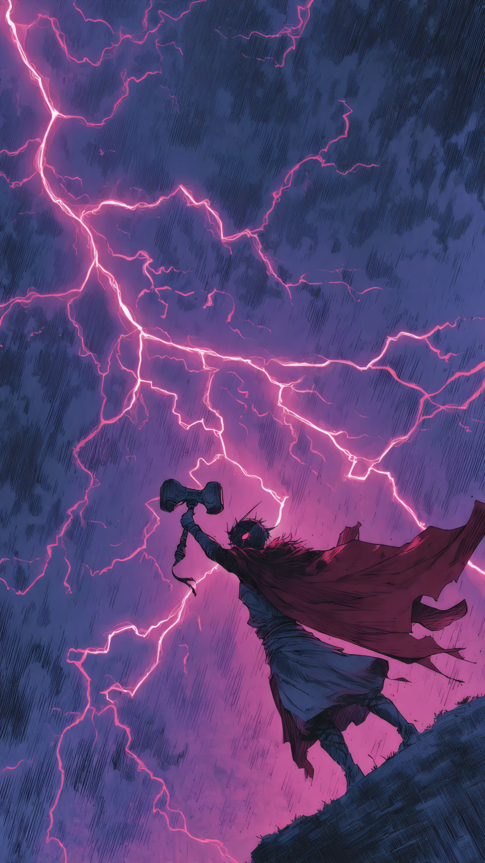 Heroic Figure in a Lightning Storm with Hammer Raised