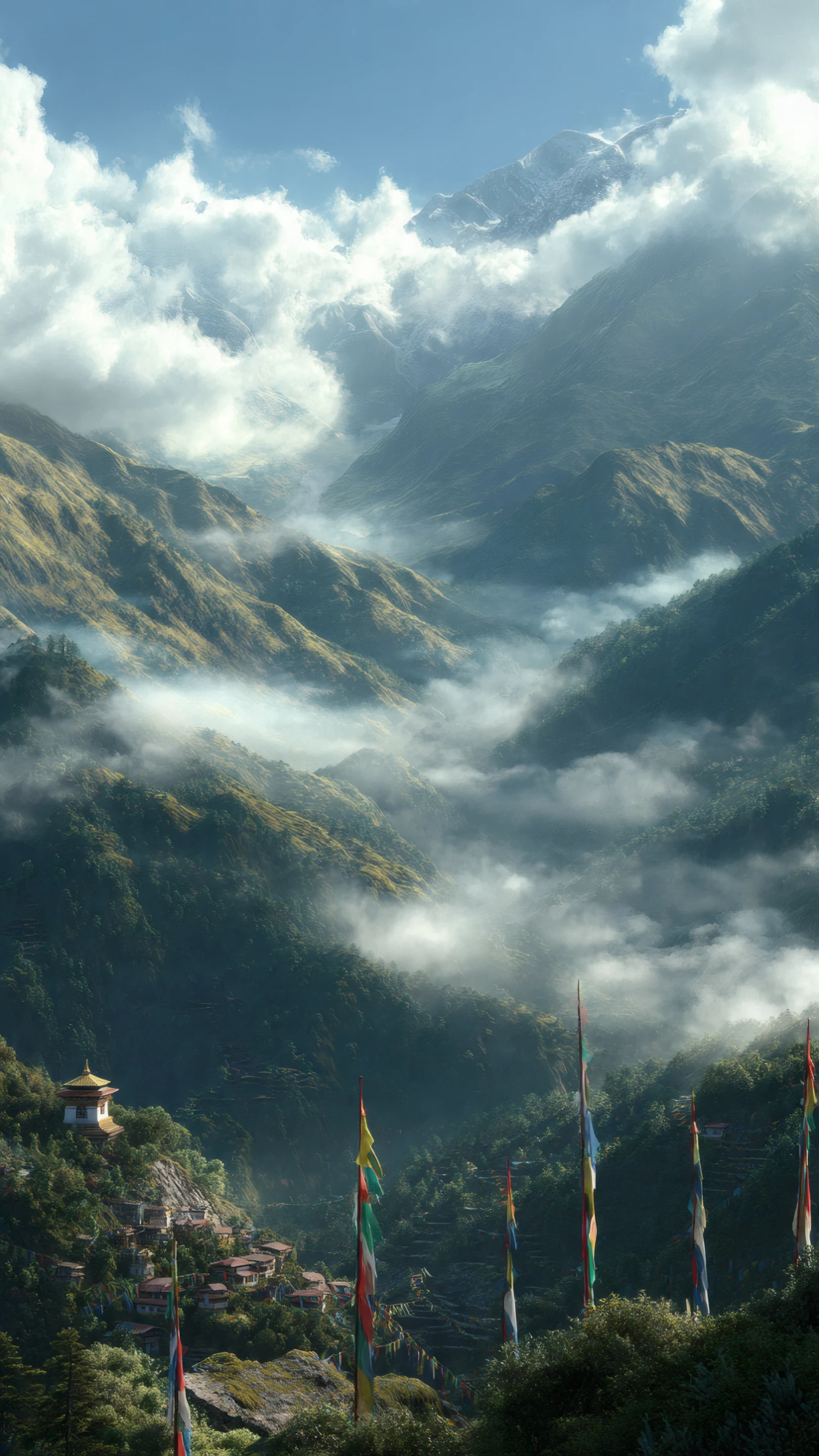 Himalayan Village Shrouded in Morning Mist
