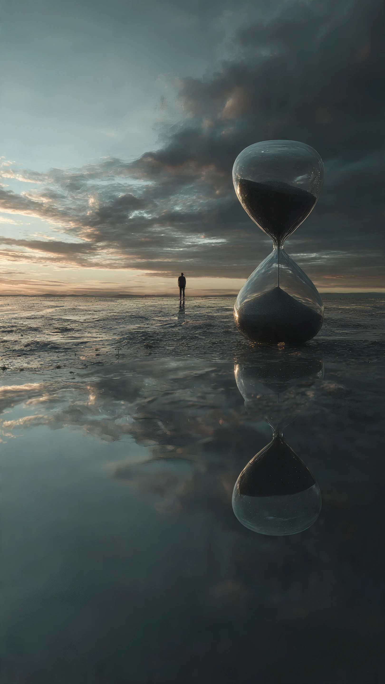 Hourglass Reflecting Cloudy Sky with Distant Figure