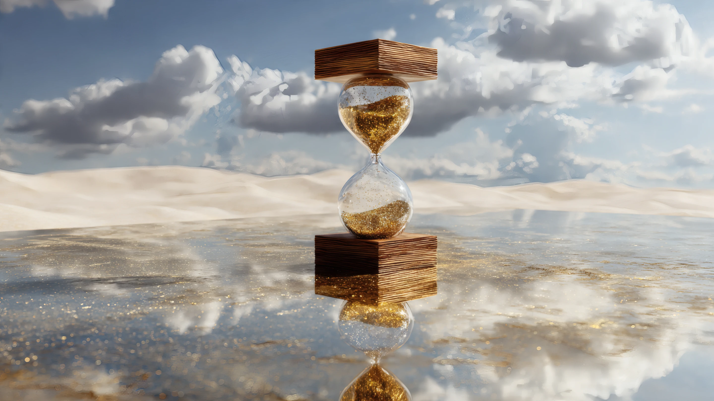 Hourglass with Gold Sand in Desert Reflection