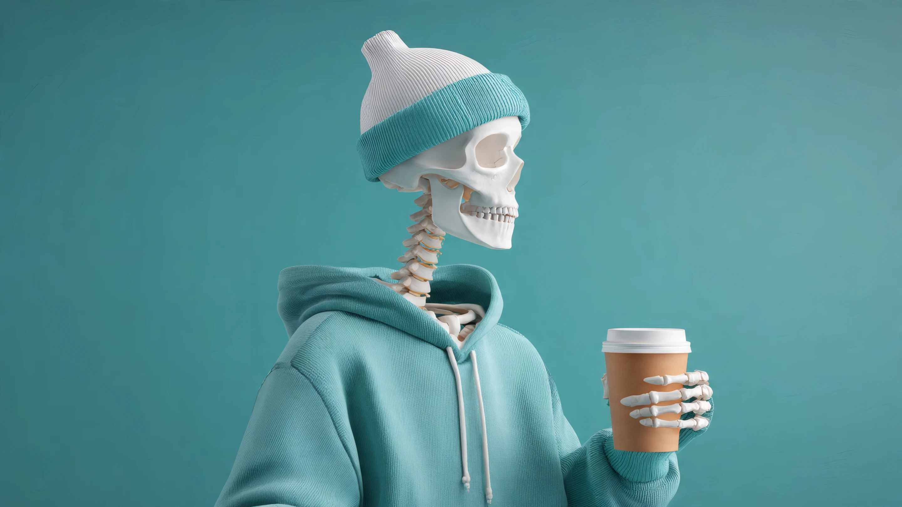 Humorous Skeleton with Coffee Cup on Teal Background