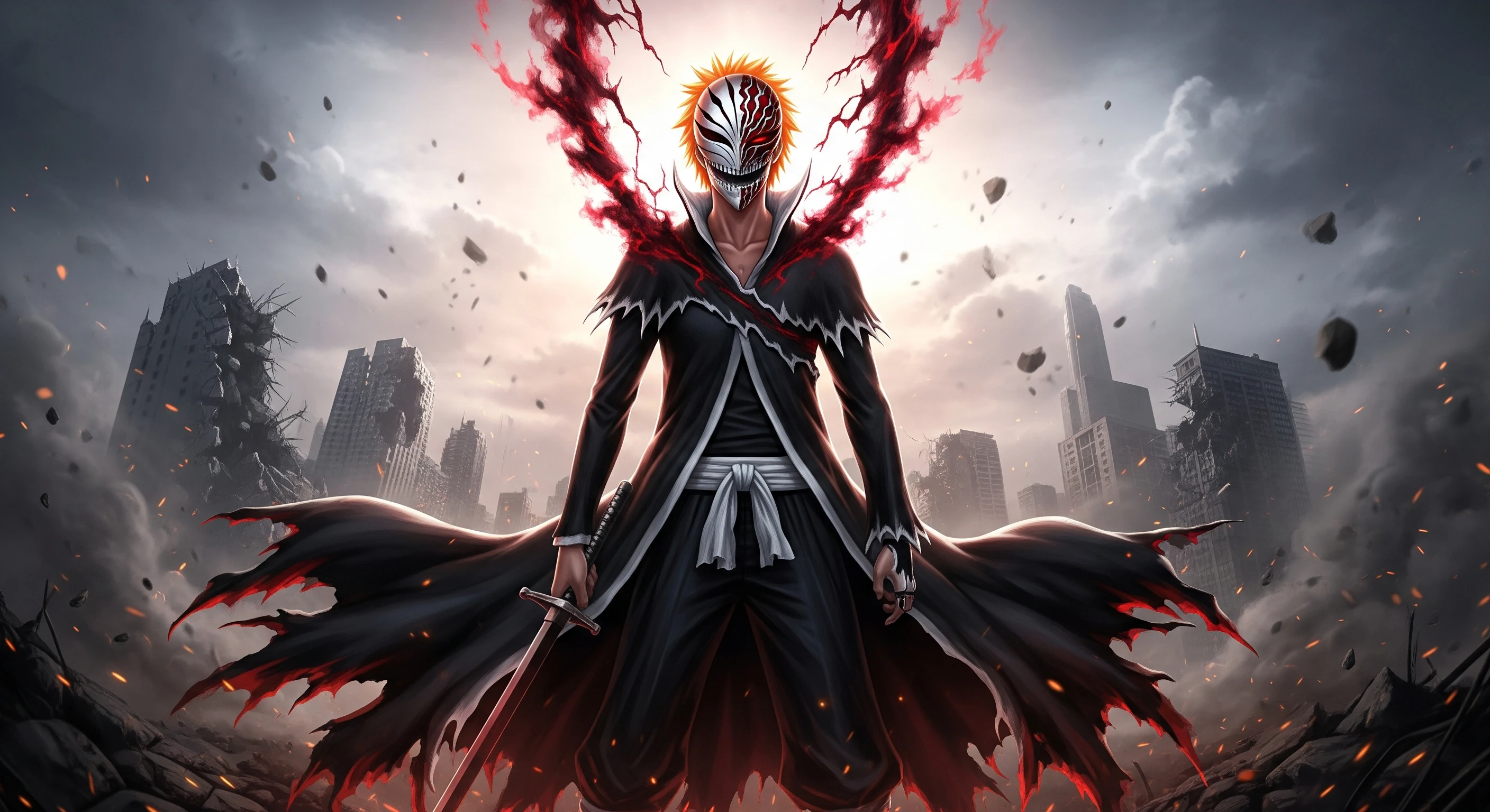 Ichigo's Hollow Mask in Ruined Cityscape