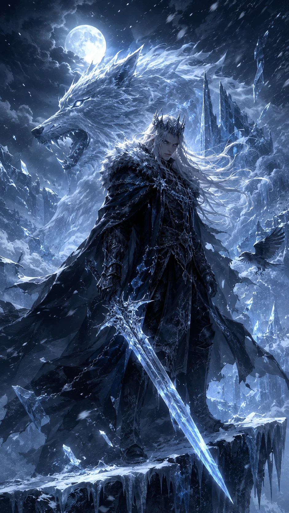 Icy King with Spectral Wolf in Frozen Wasteland Art wallpaper 941x1672