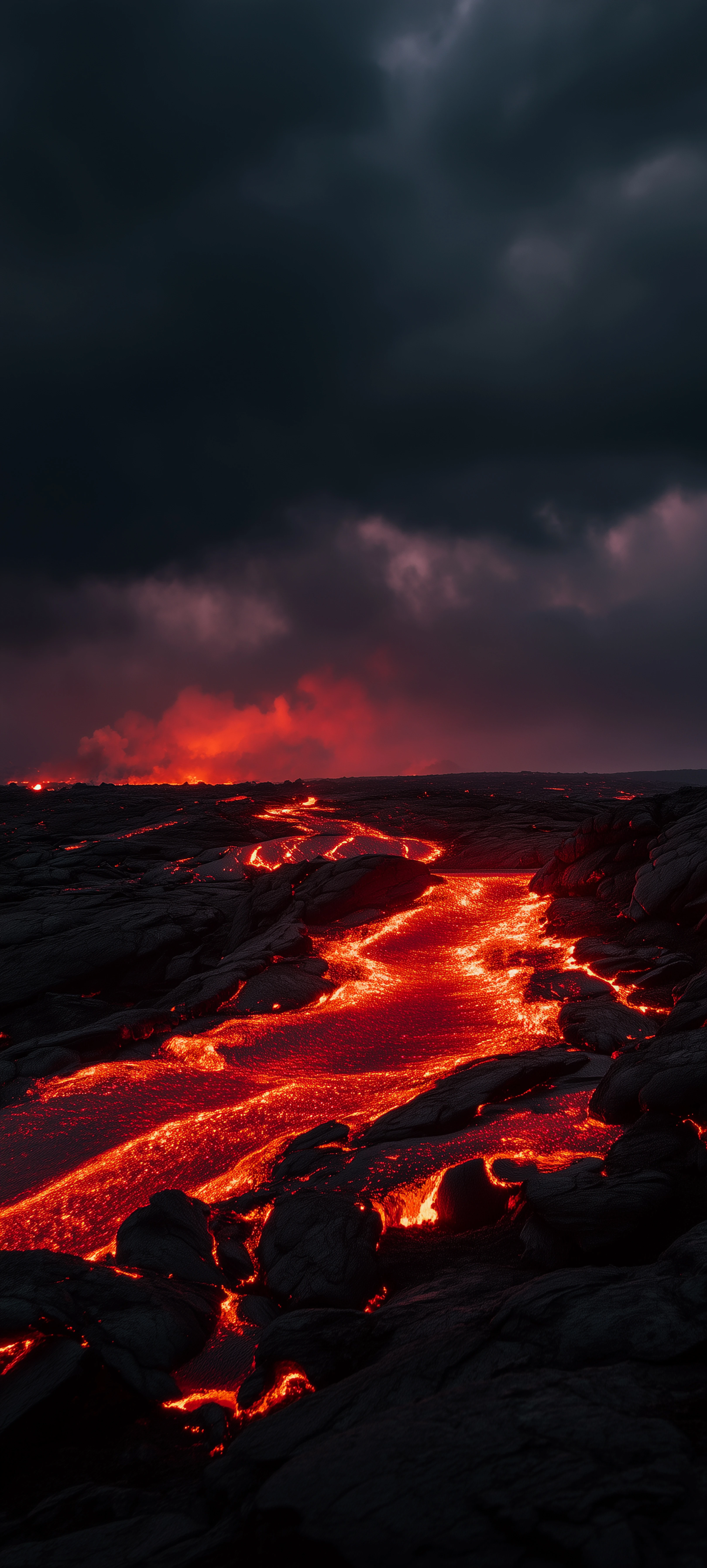 Infernal River Molten Lava Under Ominous Sky