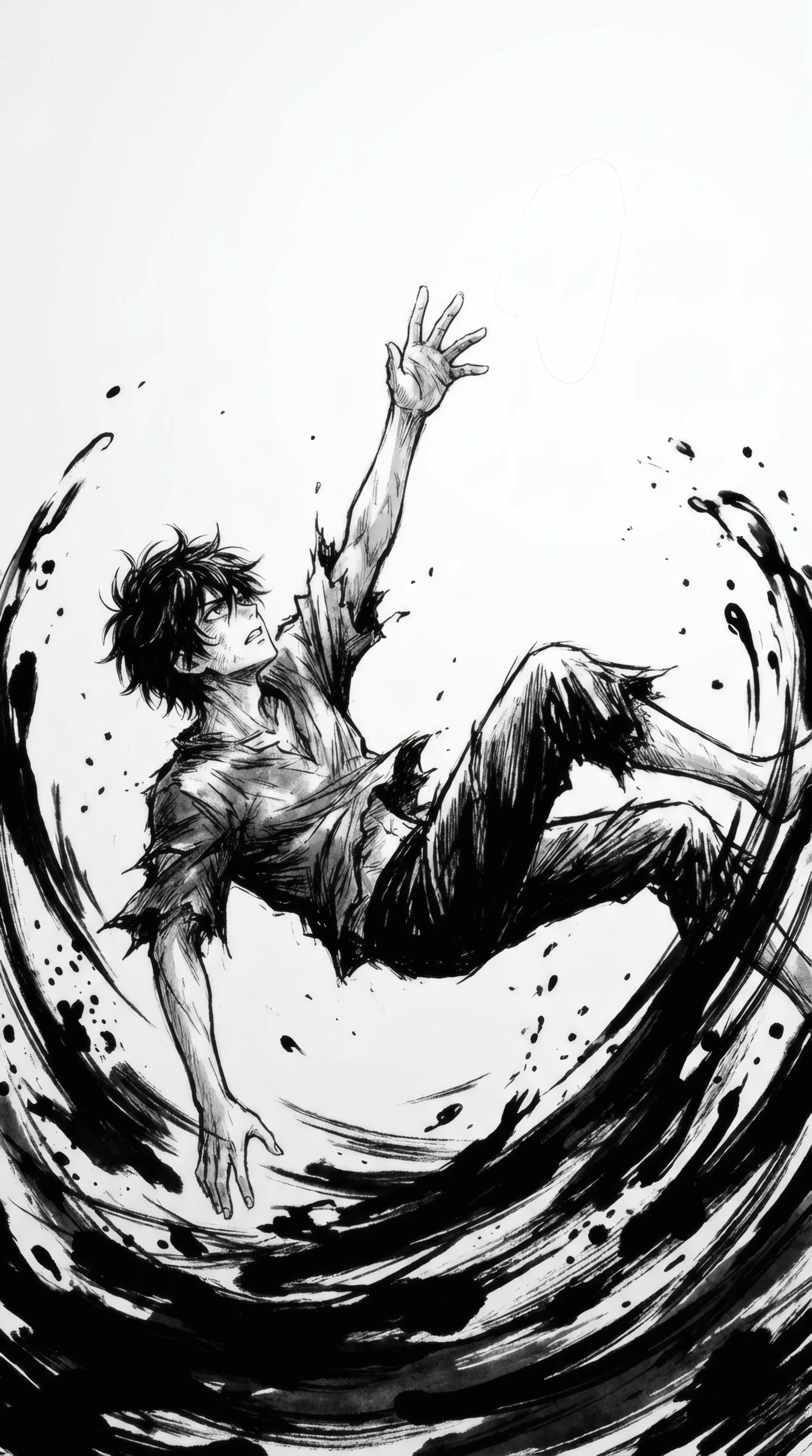 Ink-wash Anime Boy's Descent into Darkness