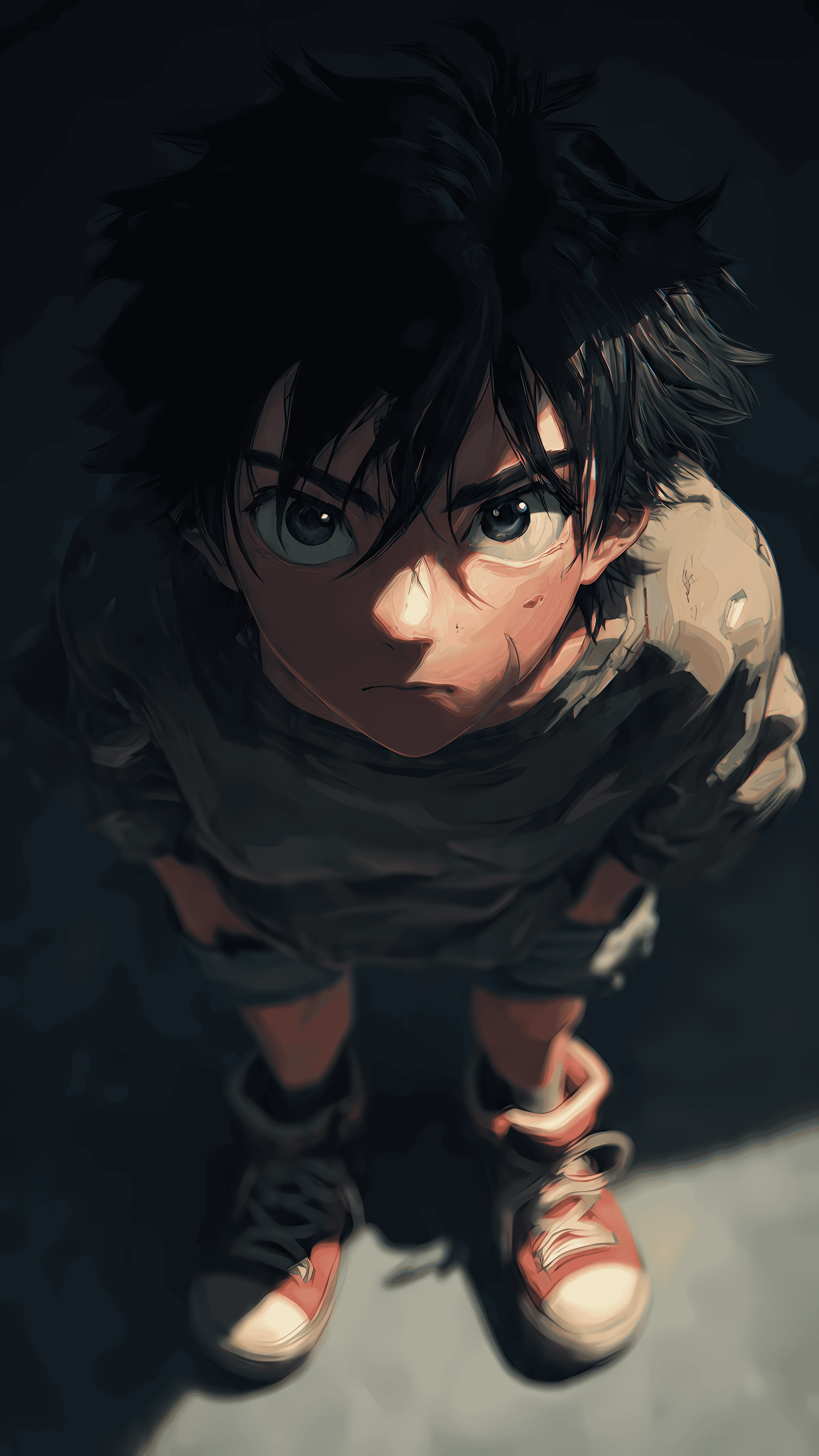 Intense Anime Boy Gaze in Dramatic Lighting