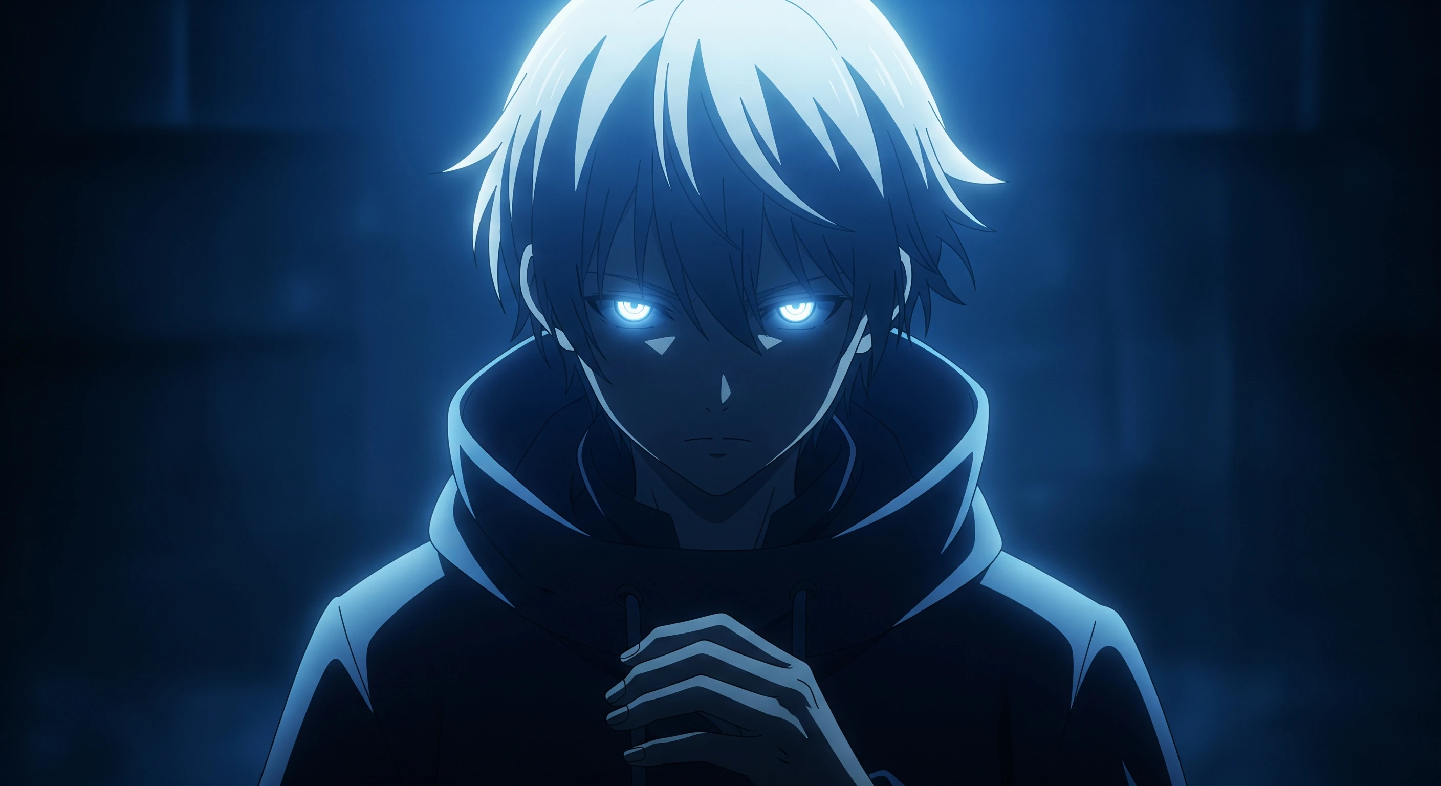 Intense Anime Boy with Piercing Blue Gaze