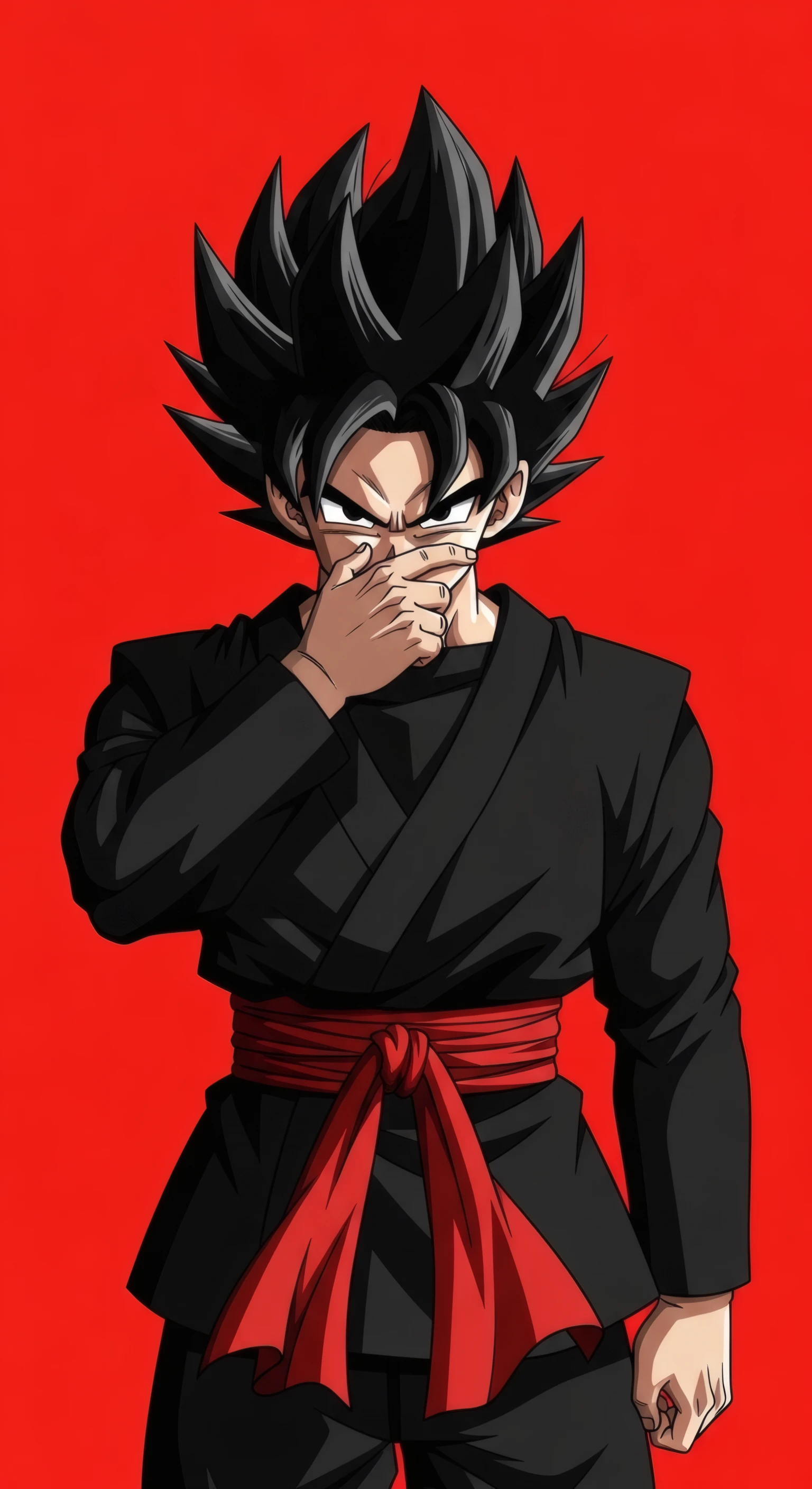 Intense Anime Hero in Black Kimono on Crimson