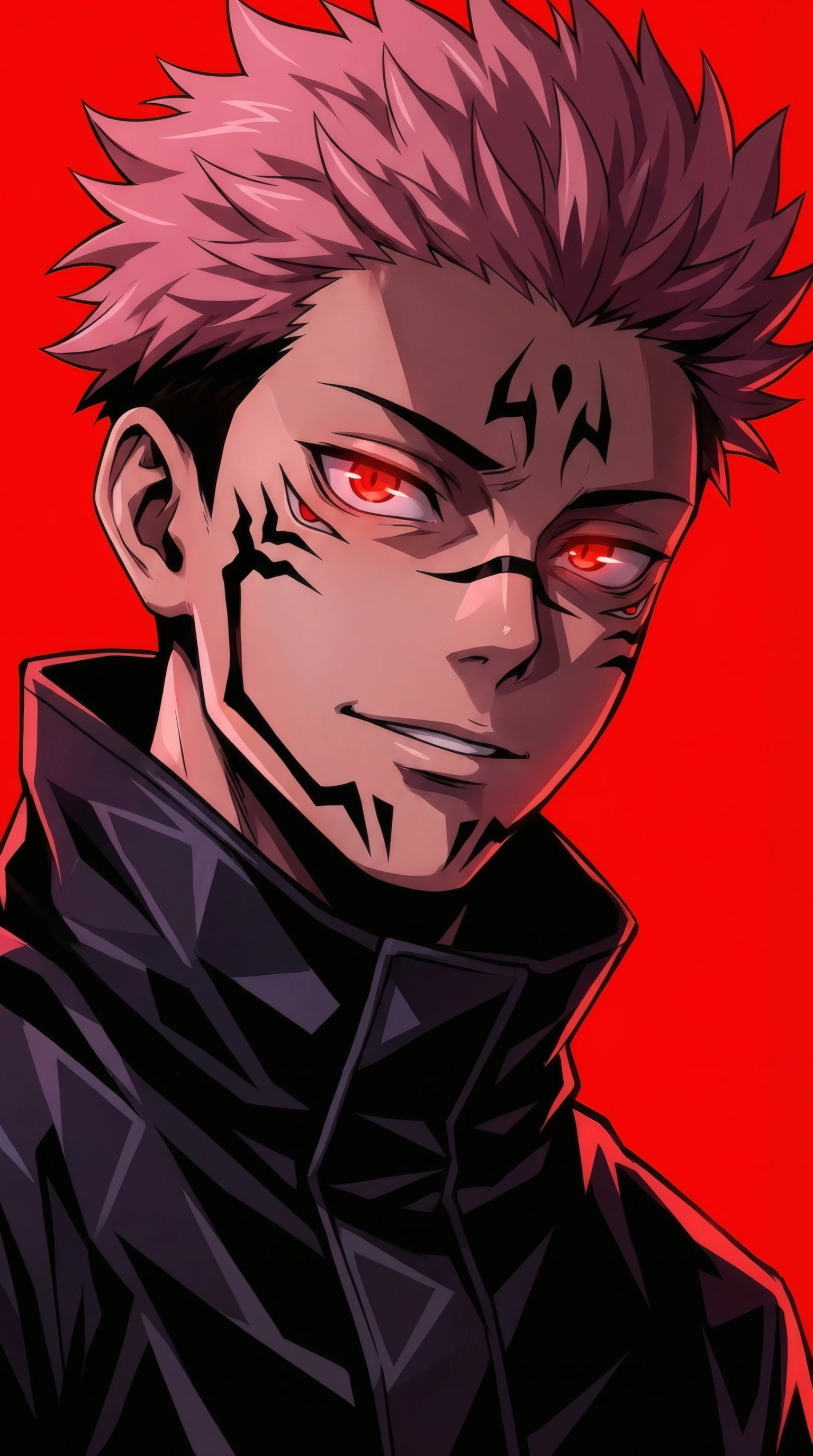 Intense Anime Man with Red Eyes and Tattoos