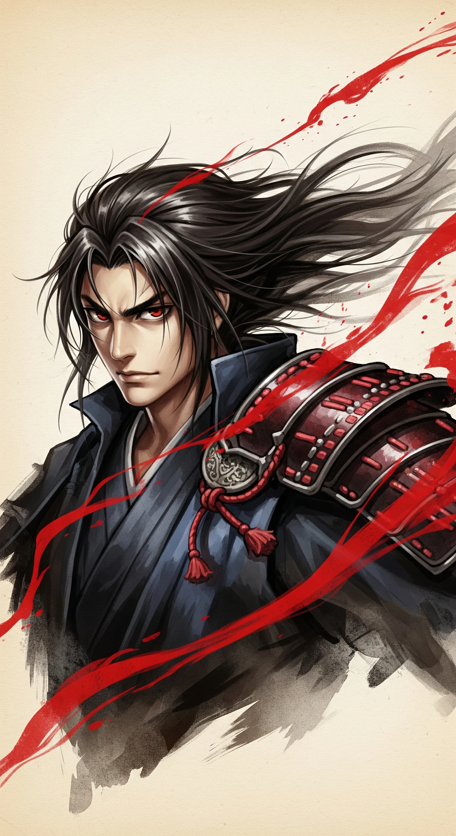 Intense Anime Samurai with Crimson Shoulder Guard