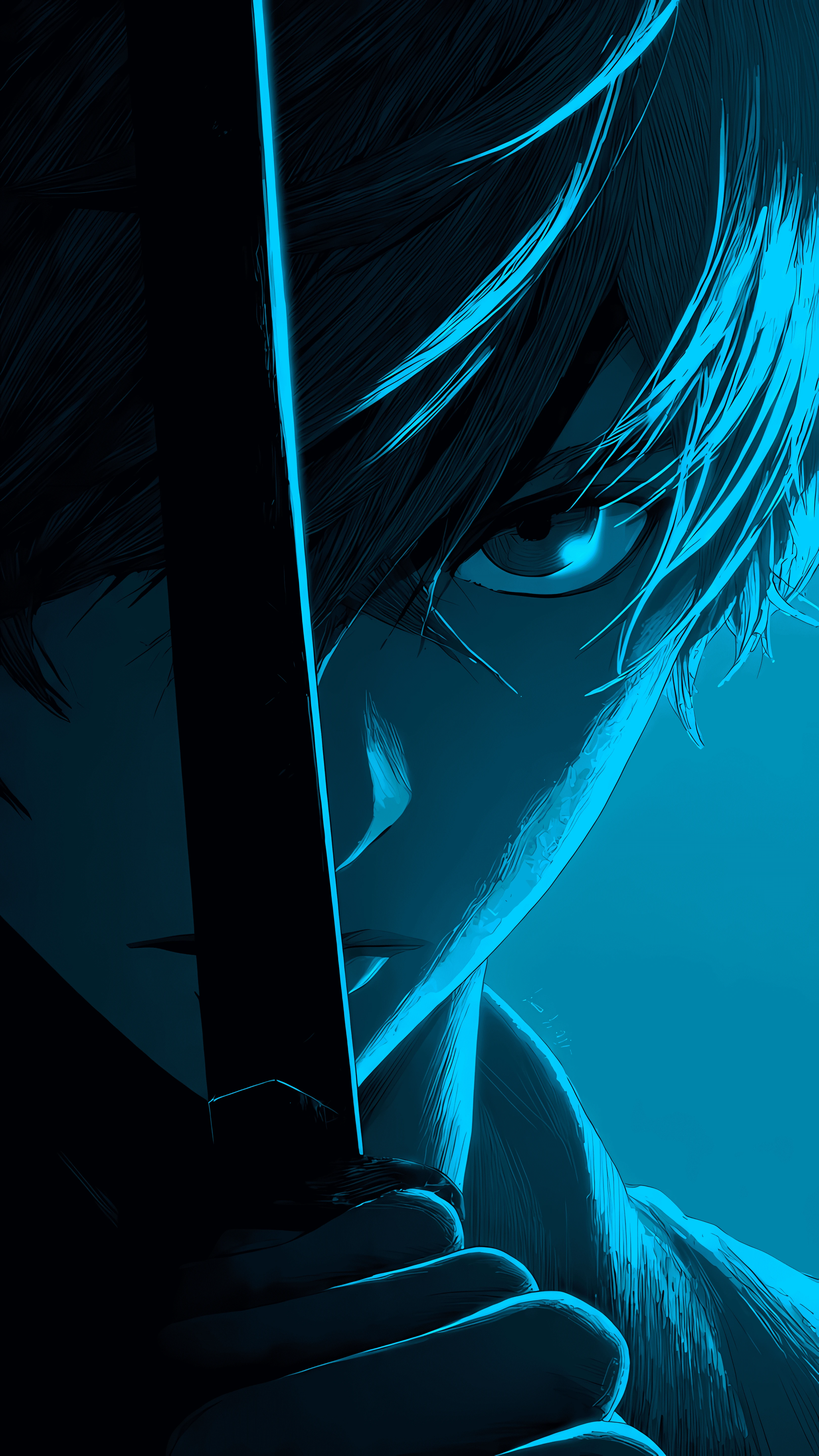 Intense Anime Swordsman Gaze in Electric Blue