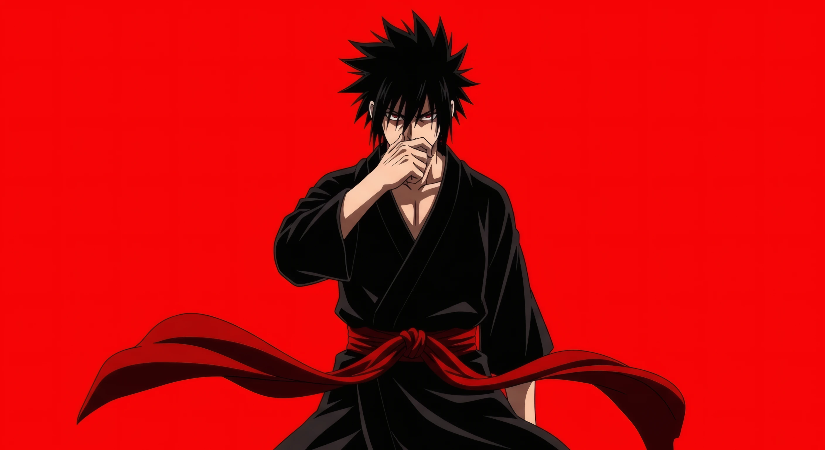 Intense Anime Warrior in Black Kimono on Red Backdrop