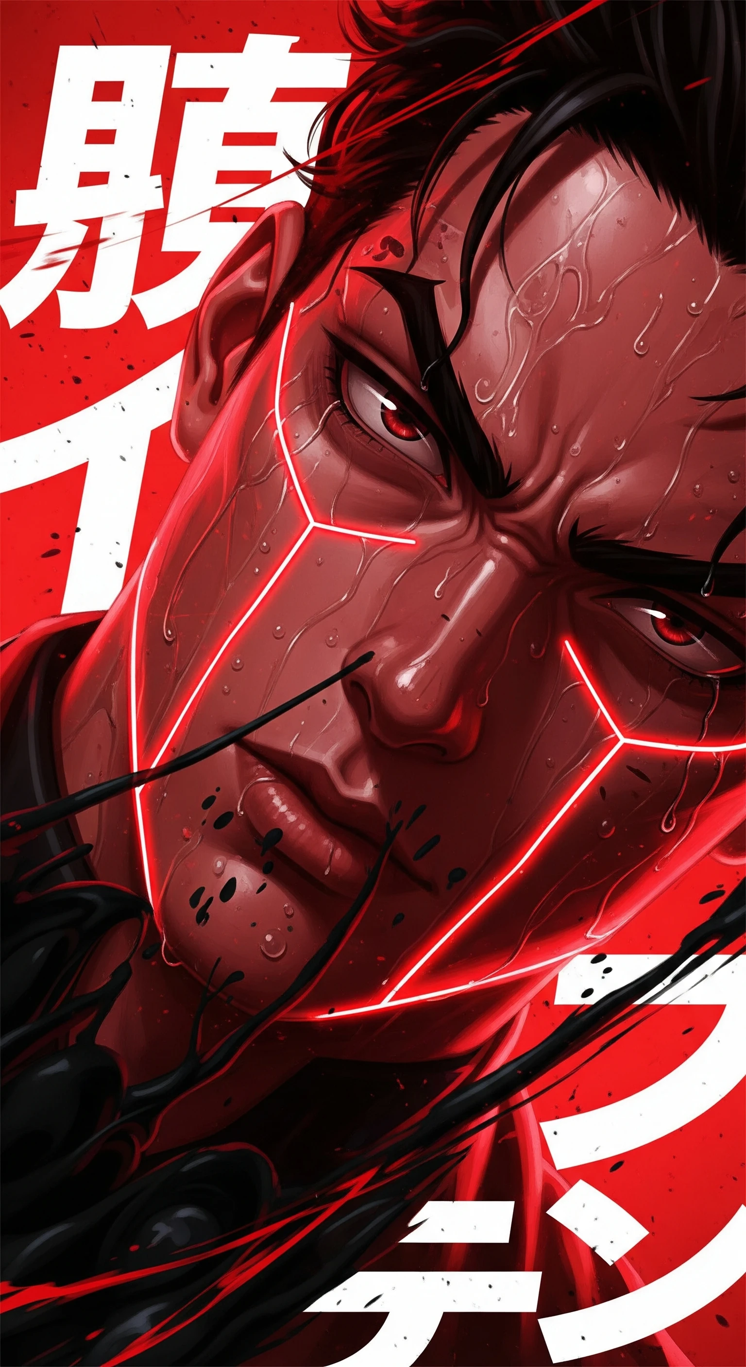 Intense Anime Warrior with Glowing Red Cybernetic Veins