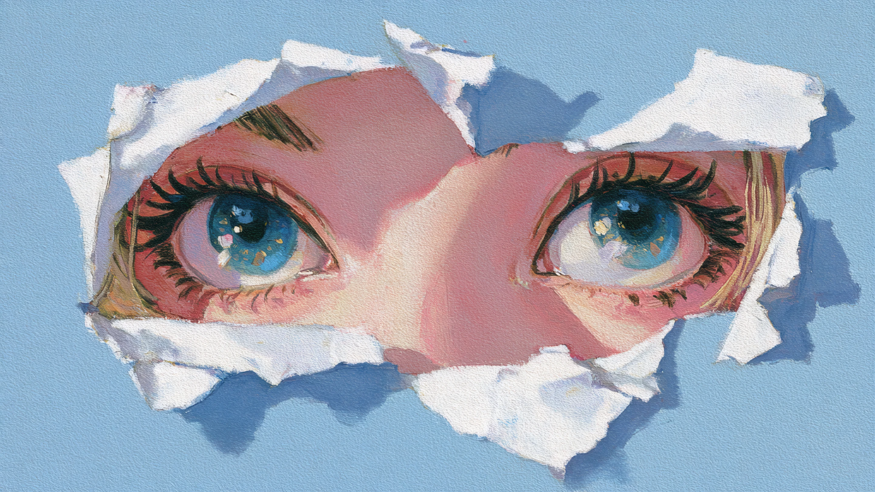 Intense Blue Eyes Peeking Through Torn Paper Art