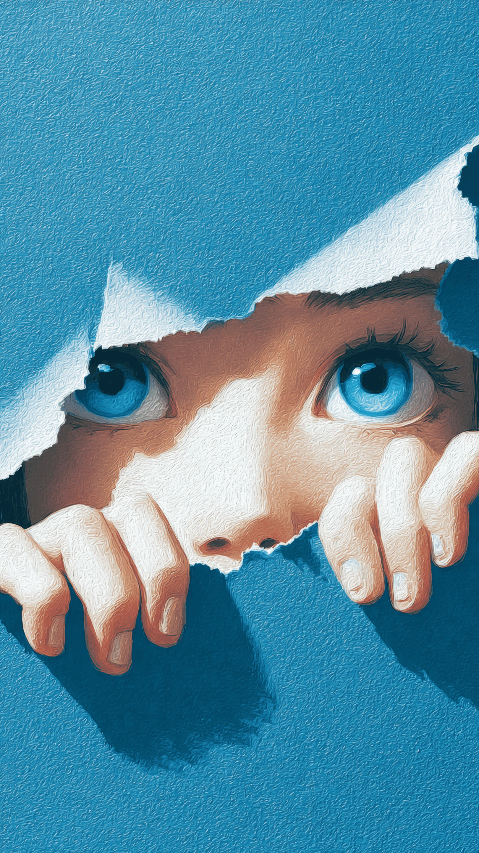 Intense Blue Eyes Peeking Through Torn Paper Wall Art