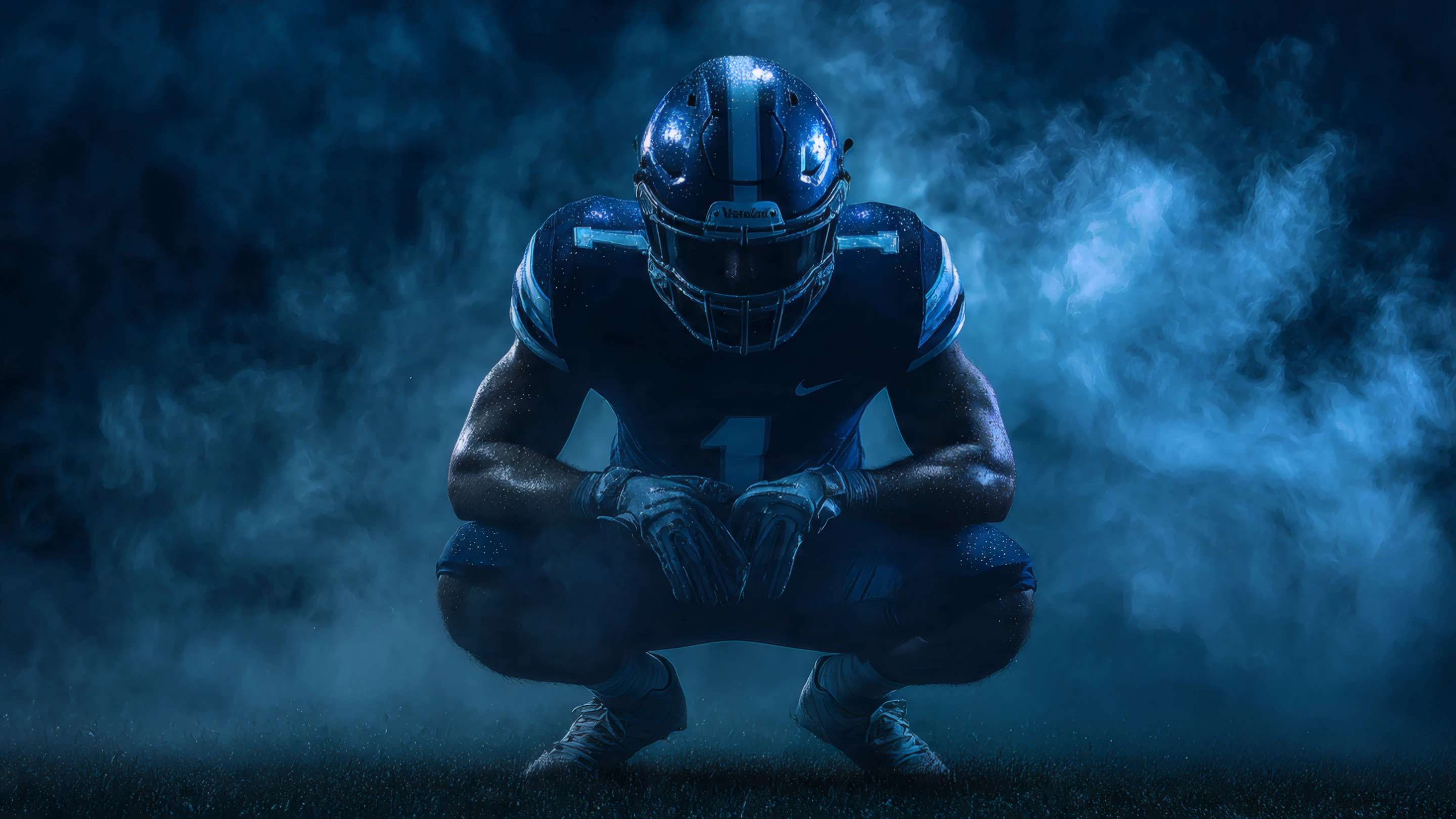 Intense Football Player Crouching in Blue Moody Lighting