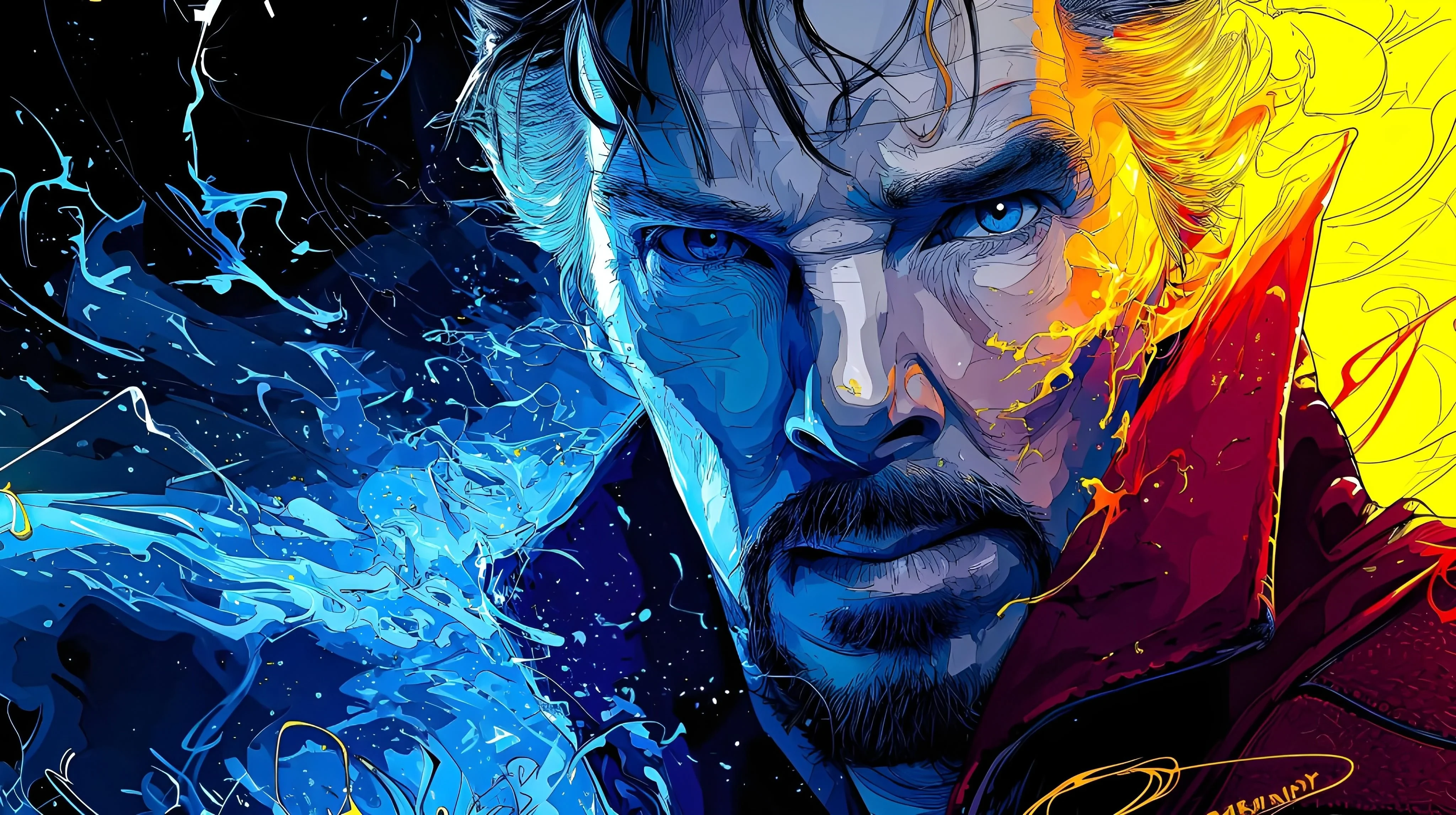 Intense Gaze Sorcerer Portrait with Blue and Gold Energy