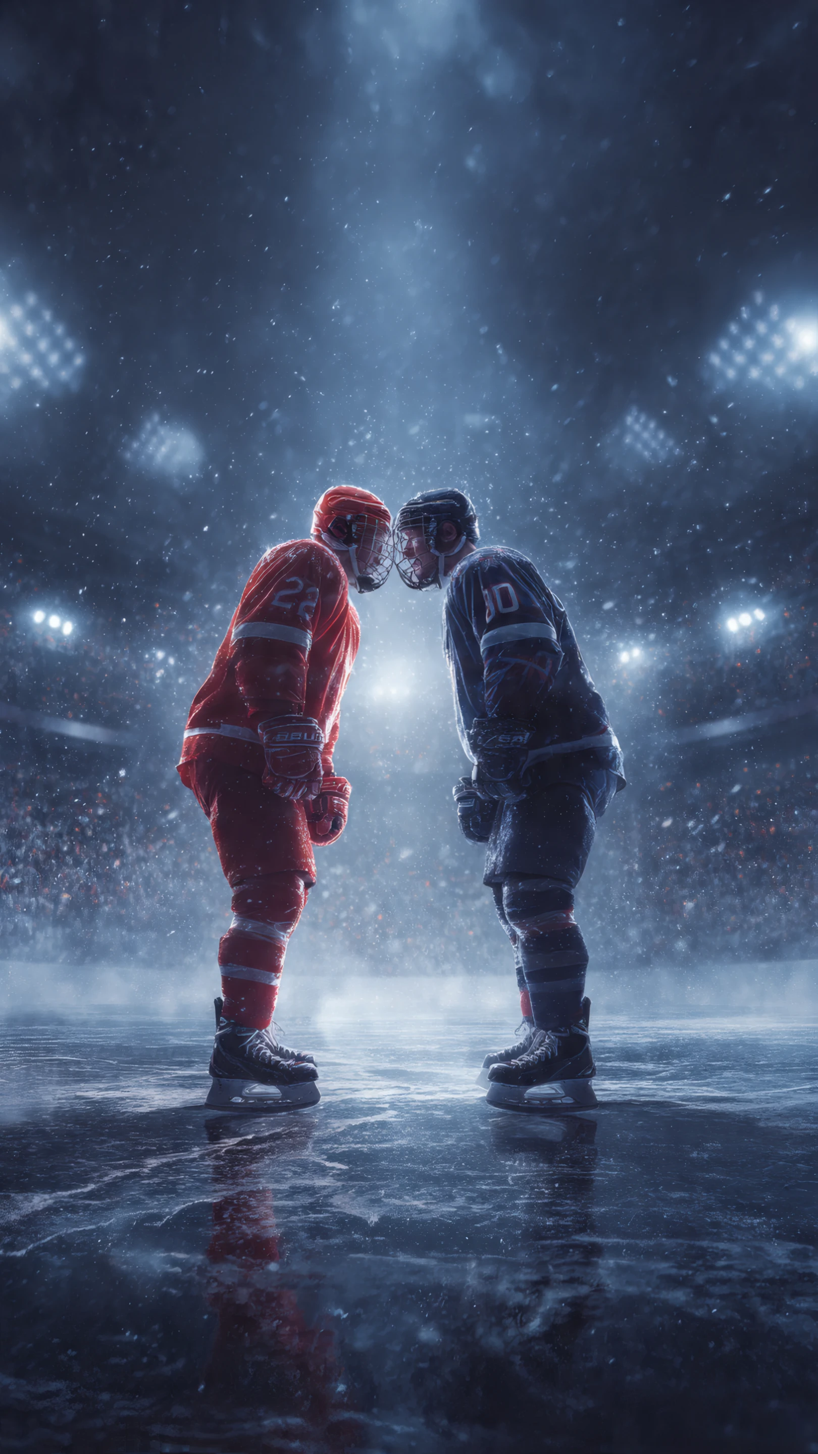 Intense Hockey Face-off in Snowy Arena