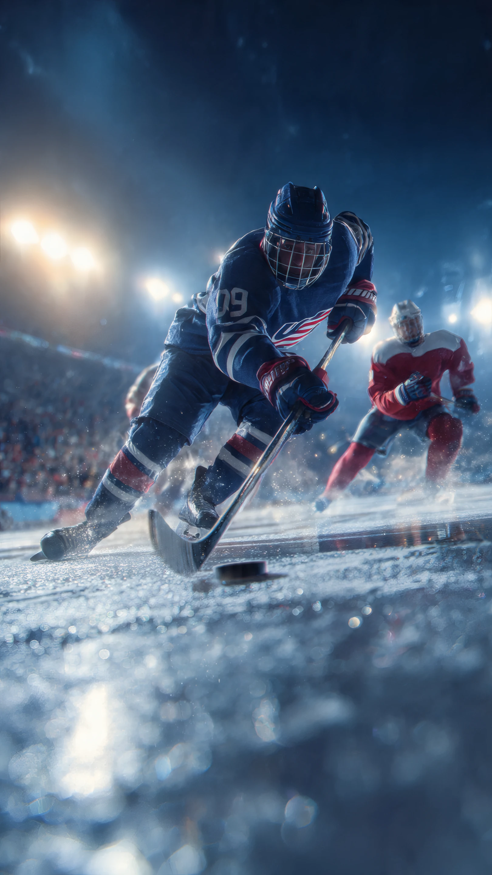 Intense Hockey Player Charging on Icy Rink