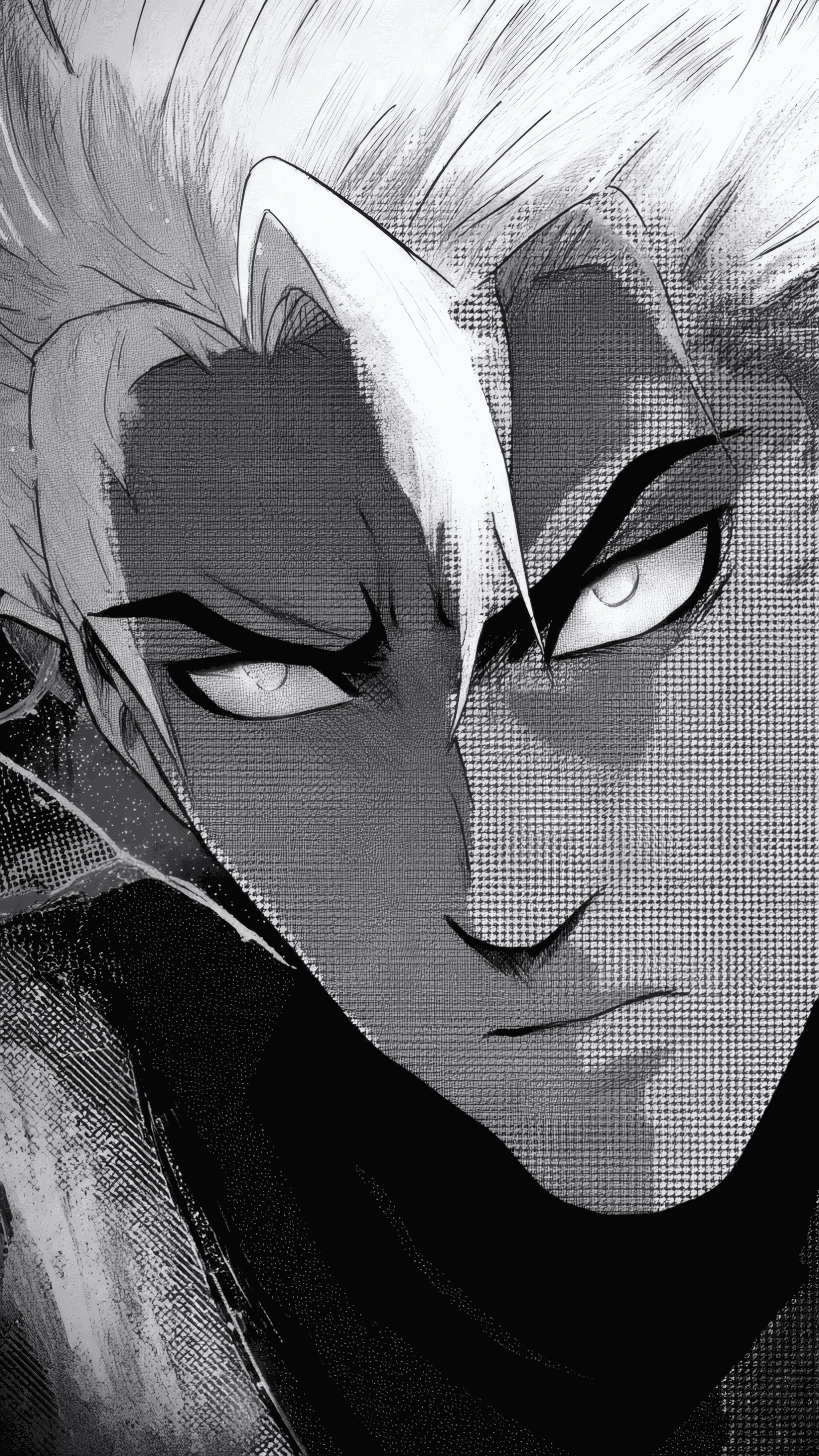 Intense Monochrome Anime Character Portrait Close-up