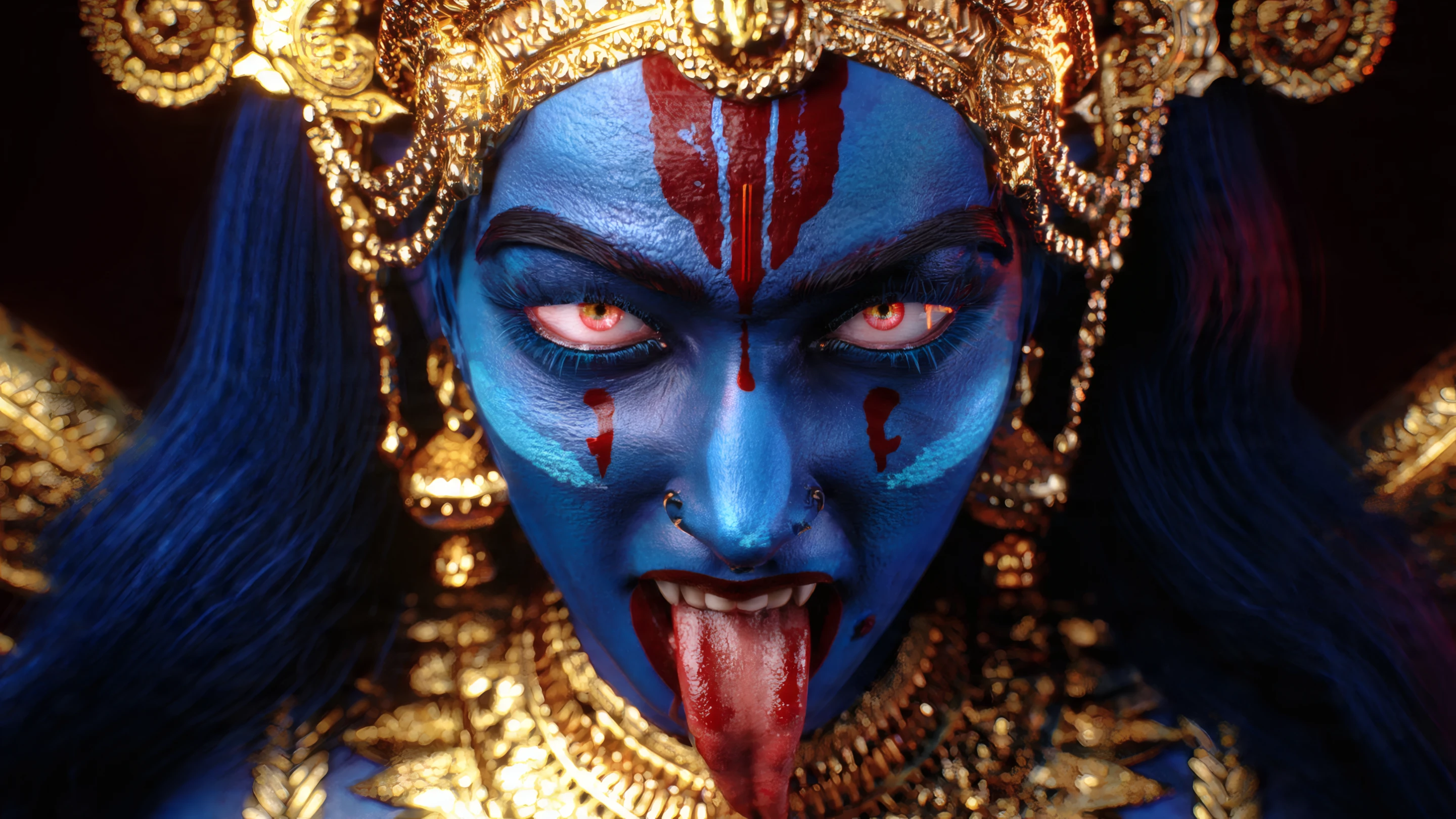 Intense Portrait of a Blue Goddess with Red Markings