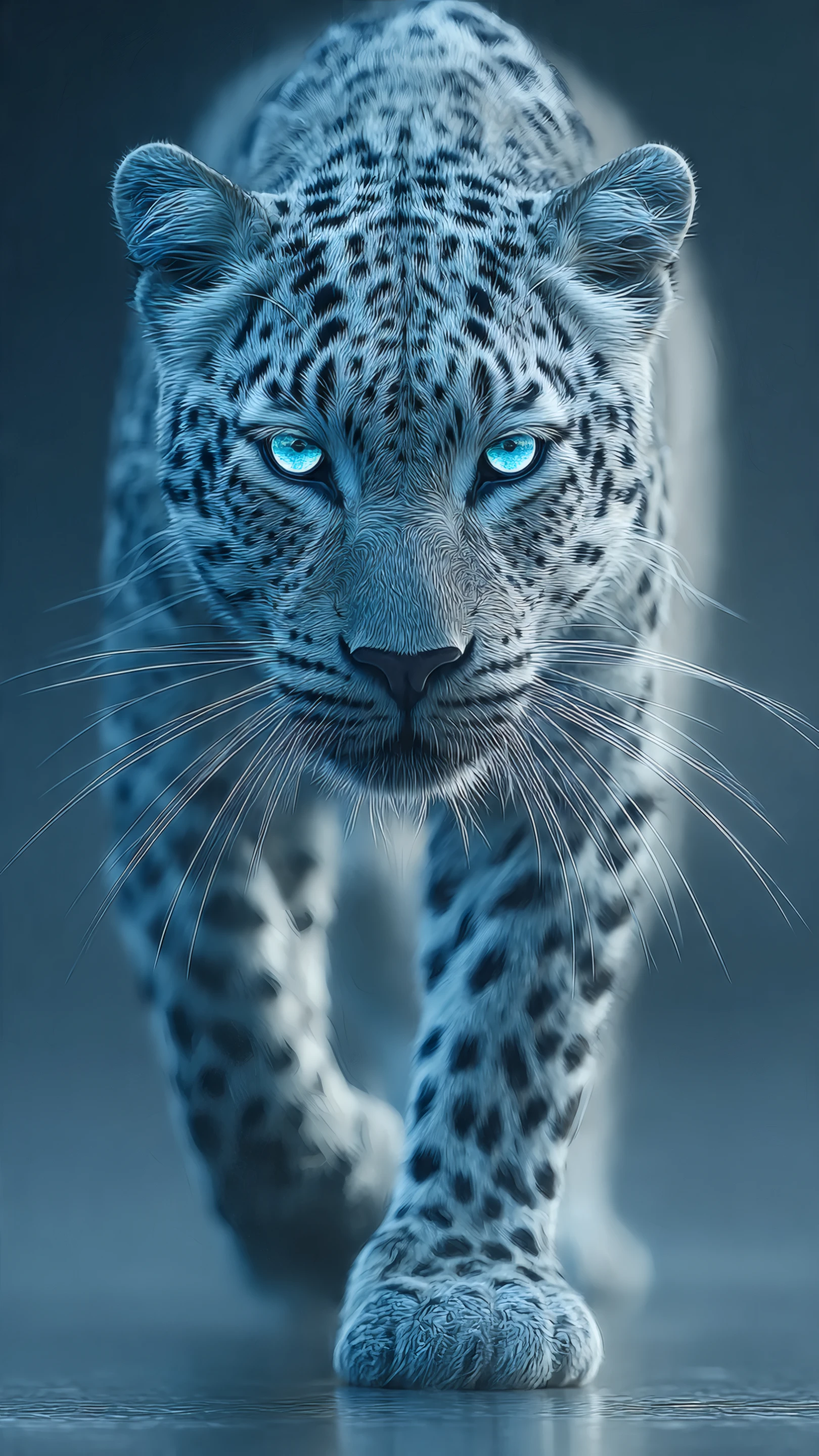 Intense Snow Leopard Portrait with Piercing Blue Eyes