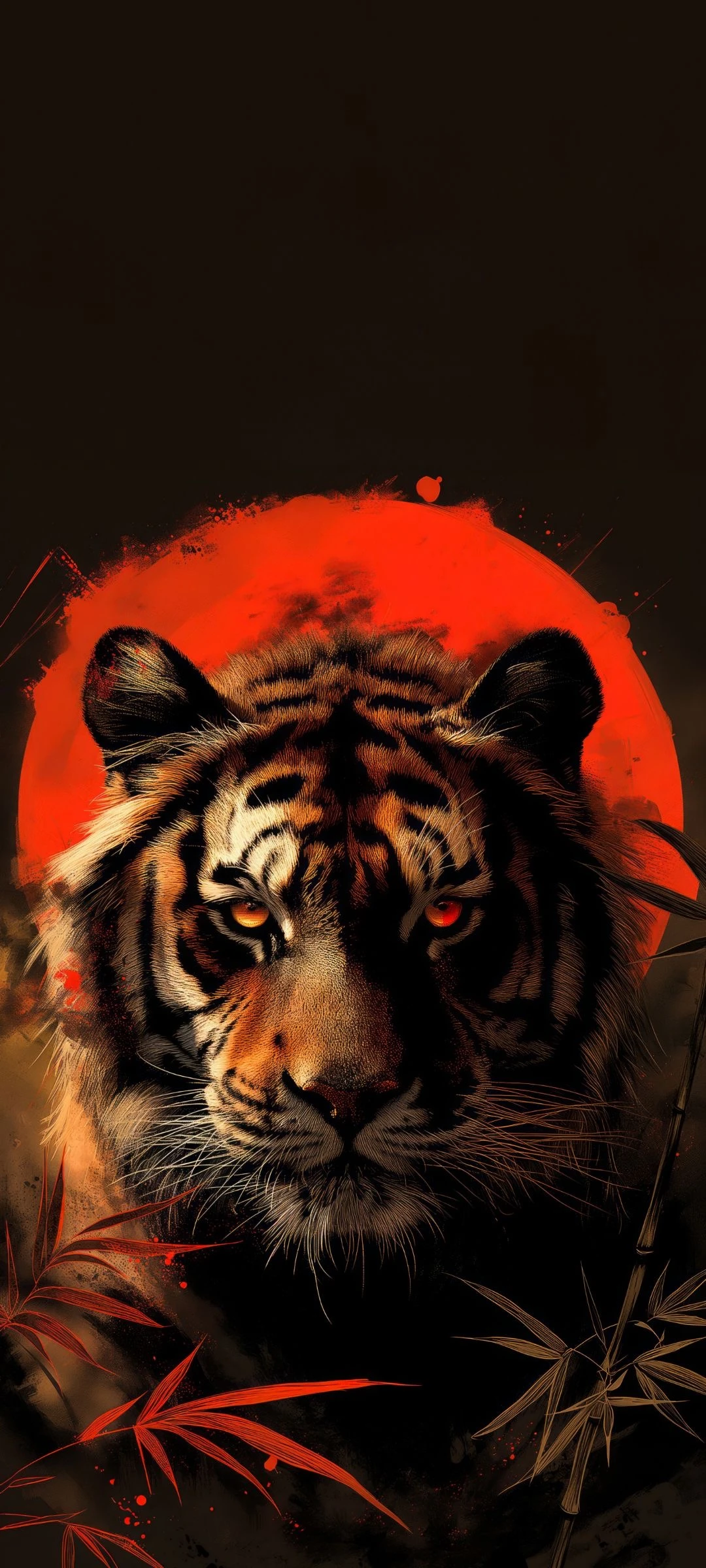 Intense Tiger Gaze Against Fiery Red Sun
