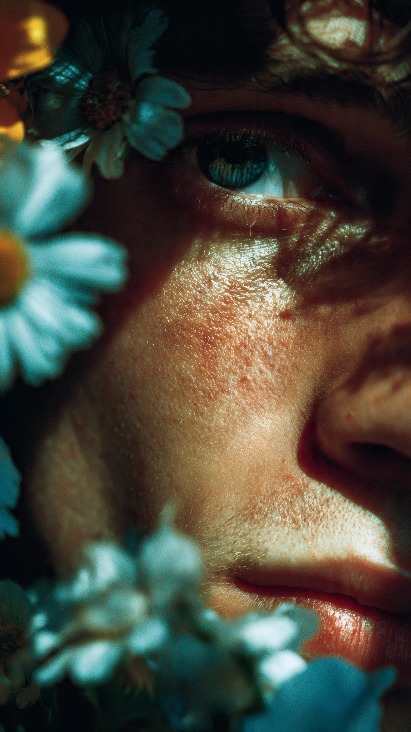 Intimate Portrait of a Face Surrounded by Daisies