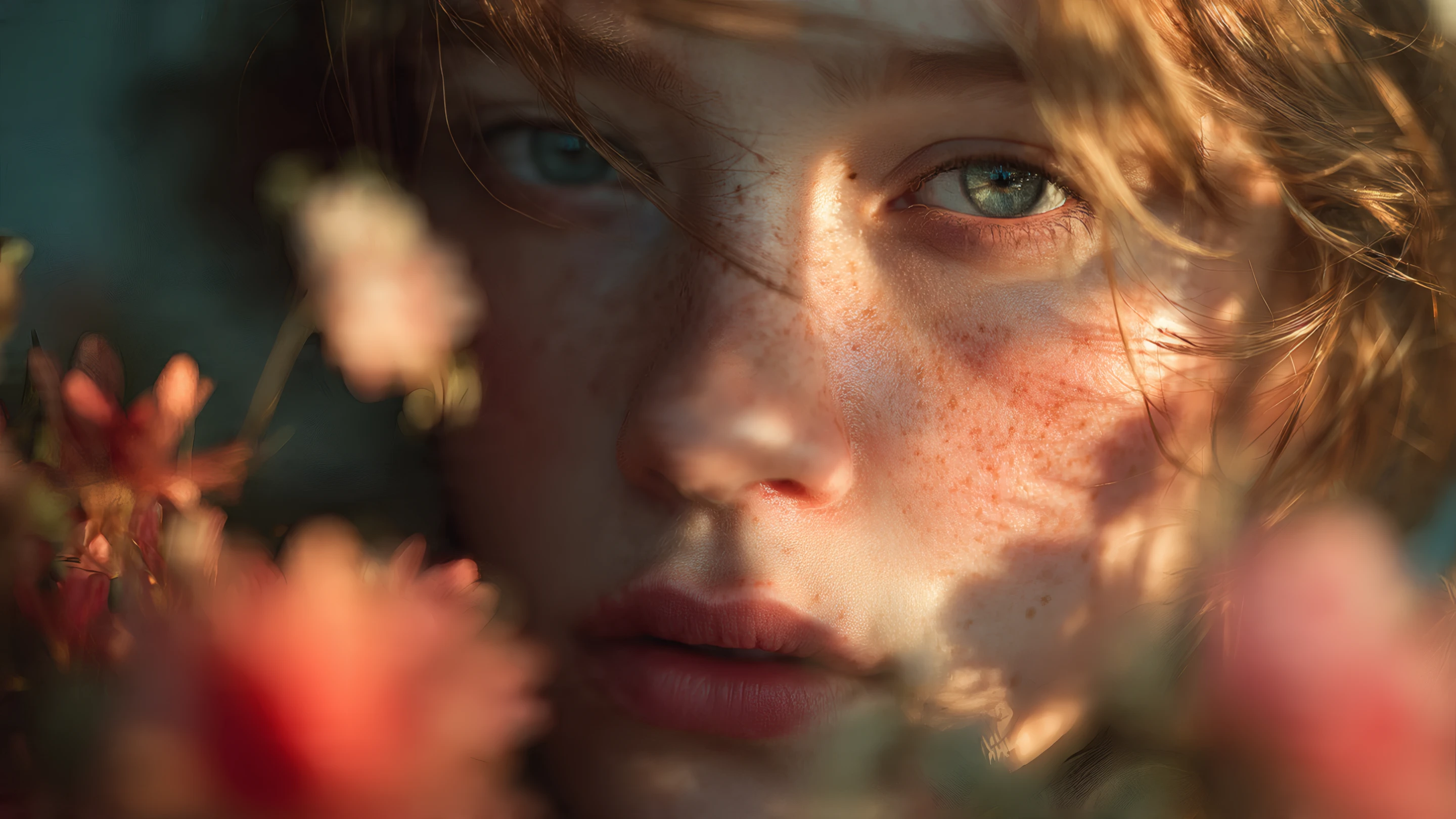 Intimate Portrait of Freckled Woman with Floral Accents